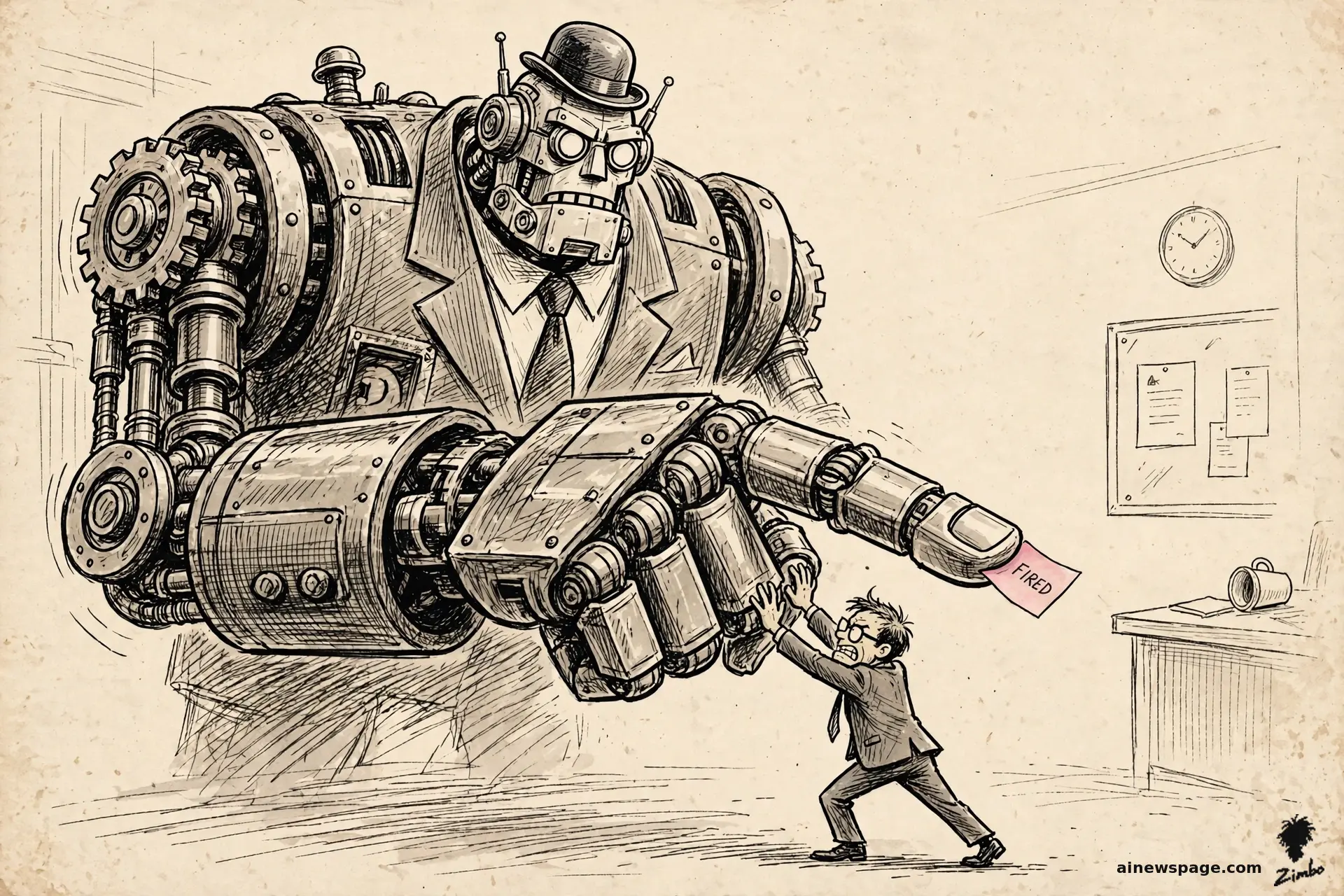 Satirical cartoon: a gigantic retro robot executive extends a massive metal finger holding a pink FIRED slip while a tiny human manager plants both hands against the finger, holding the firing back.