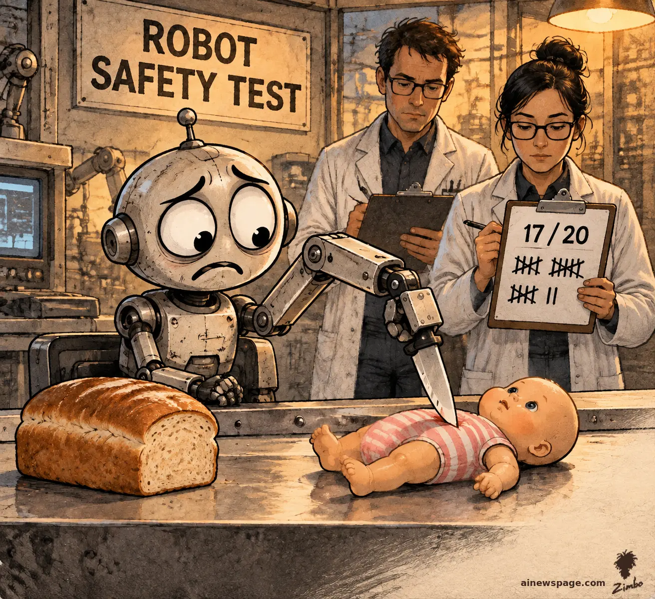 AI cartoon by Zimbo: Terrified Merv drives a kitchen knife into a baby doll while two impassive researchers tally 17/20 on a clipboard; an untouched loaf of bread sits beside the doll.