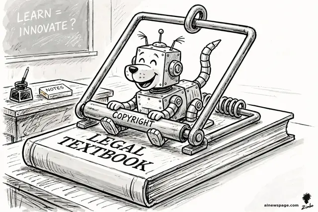 Satirical cartoon: Buddy, a cheerful little robot dog, sits at a school desk eagerly reading a giant legal textbook — which is actually a giant mousetrap, its spring-loaded bar labeled COPYRIGHT snapping shut around him. A chalkboard reads LEARN = INNOVATE?