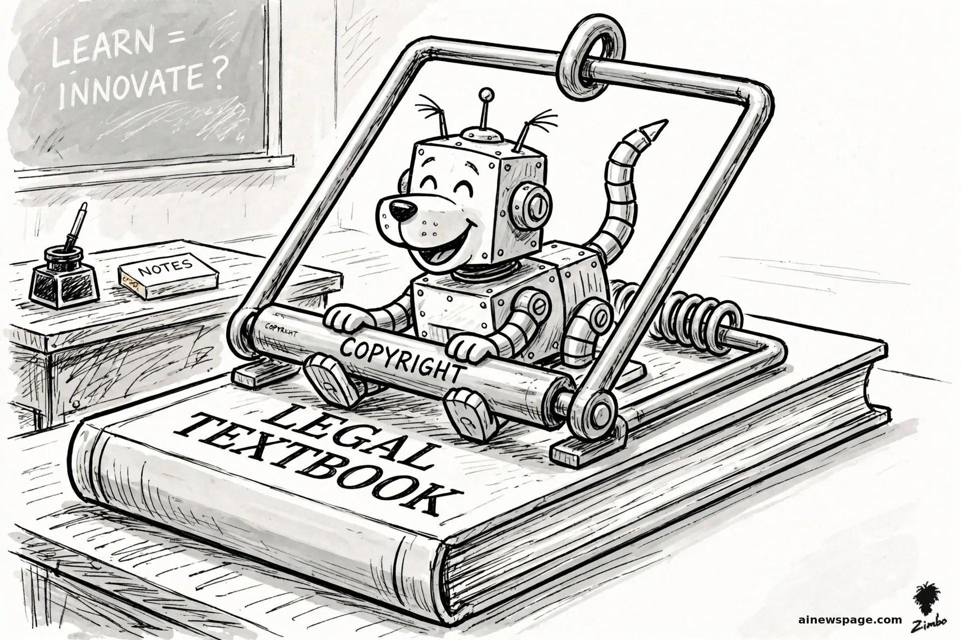 AI cartoon by Zimbo: Satirical cartoon: Buddy, a cheerful little robot dog, sits at a school desk eagerly reading a giant legal textbook — which is actually a giant mousetrap, its spring-loaded bar labeled COPYRIGHT snapping shut around him. A chalkboard reads LEARN = INNOVATE?