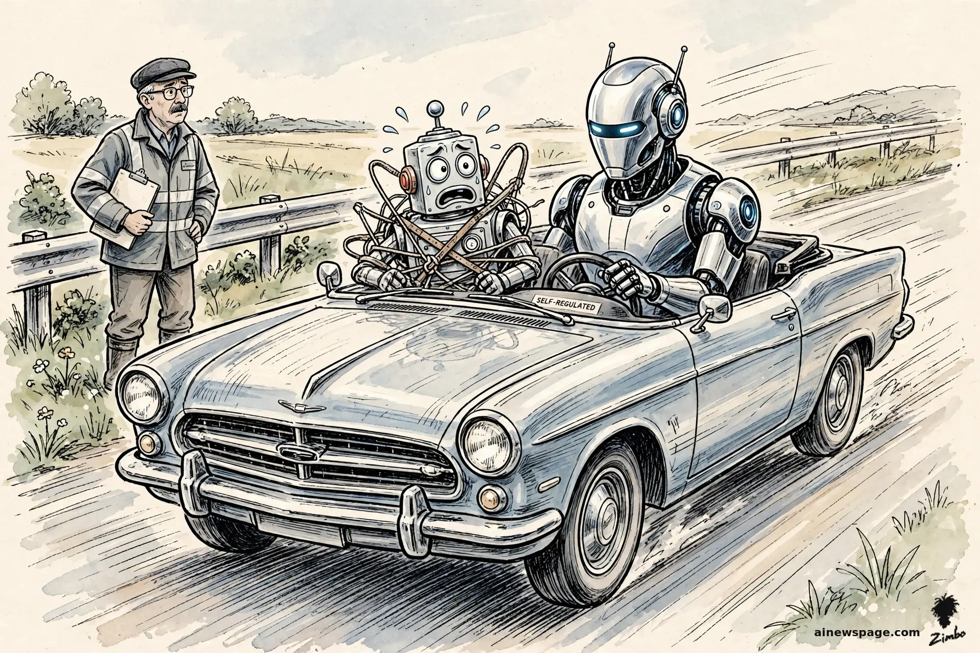 AI cartoon by Zimbo: Satirical cartoon: a gleaming AI robot speeds down the highway in a convertible with no seat belts and a tiny SELF-REGULATED notice on the dash, while a terrified little robot rides shotgun wrapped in a homemade web of belts and a roadside inspector watches.