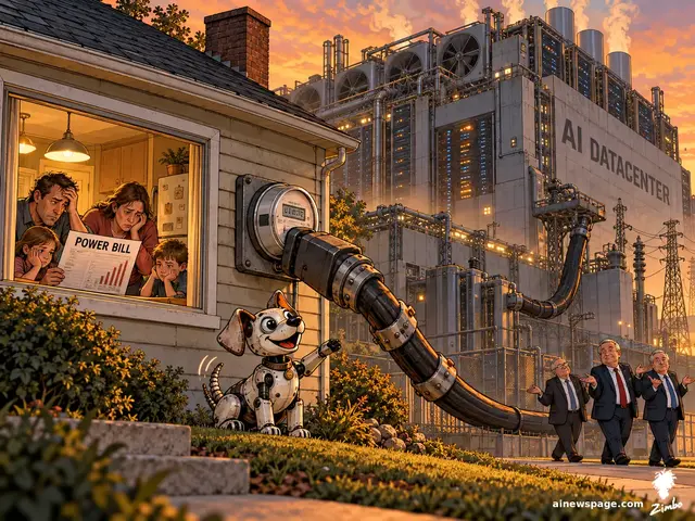 A colossal AI DATACENTER plugged by a giant cable directly into a suburban family's electric meter; the family holds a POWER BILL with a rising bar chart while a cheerful robot dog admires the plug.