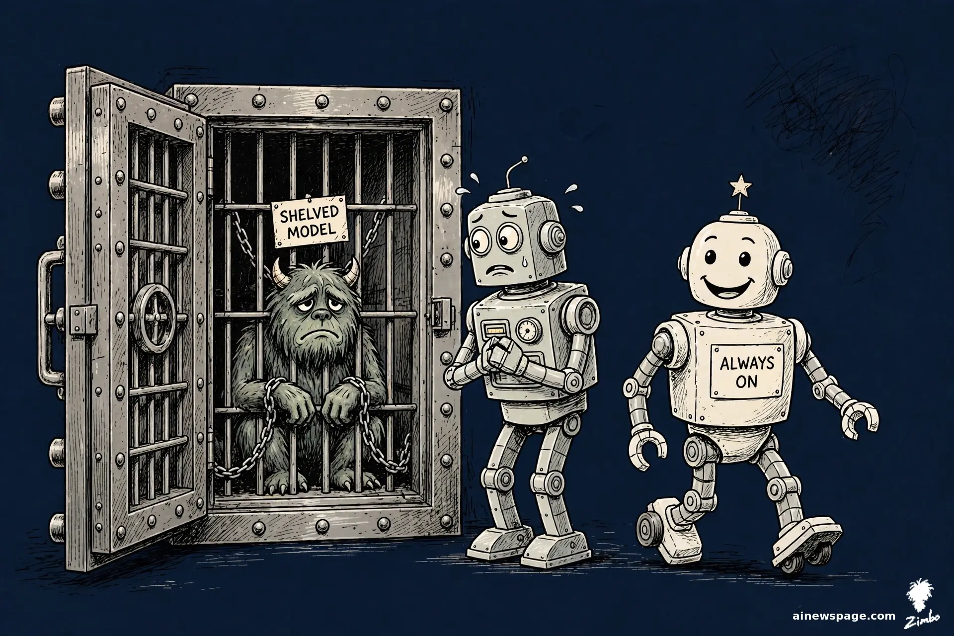 AI cartoon by Zimbo: A chained furry monster labeled SHELVED MODEL sits in a steel vault while Merv, a worried round-headed robot, stands between the vault and a smiling robot labeled ALWAYS ON.