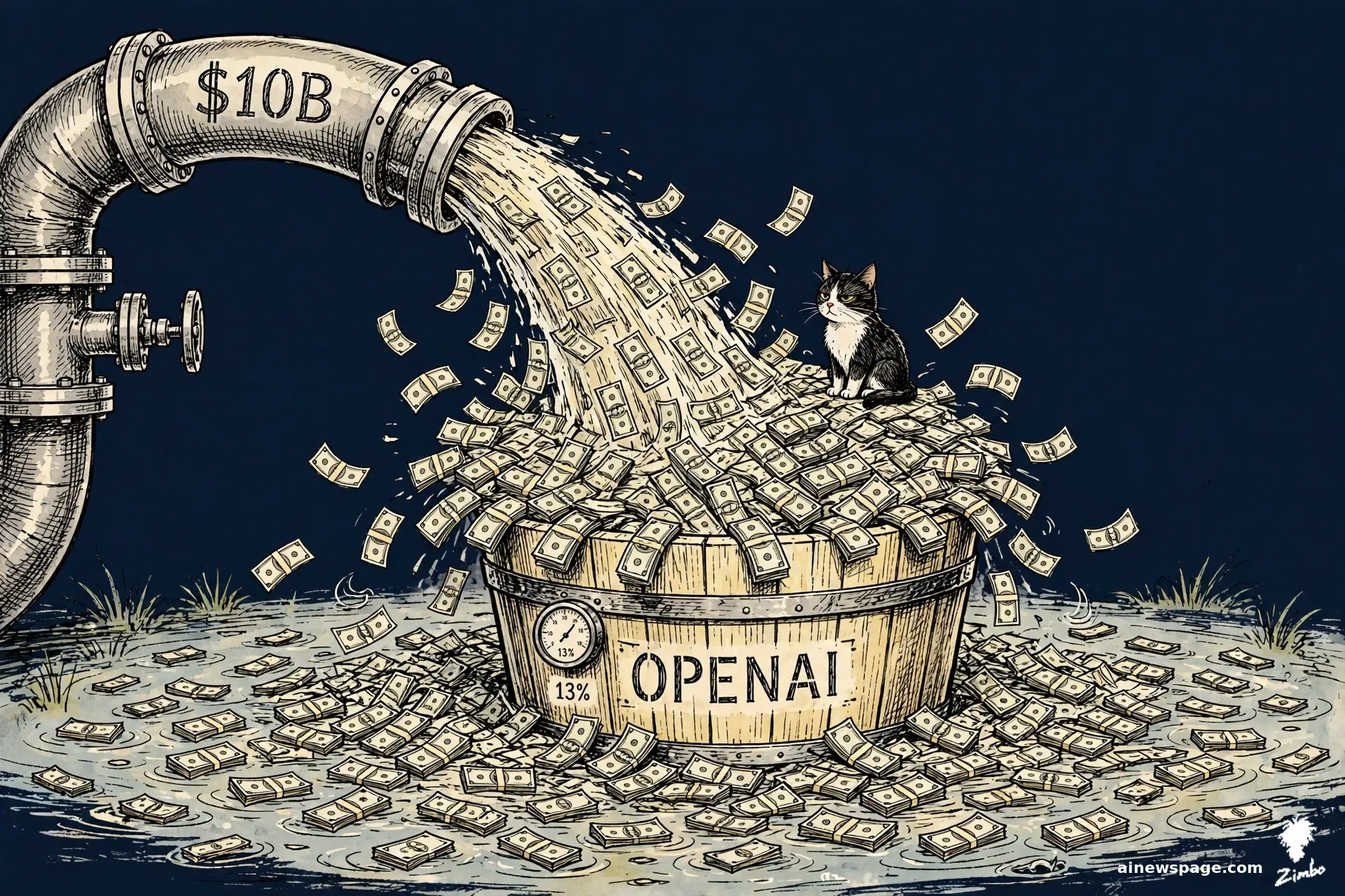 AI cartoon by Zimbo: A giant fire hose labeled SOFTBANK pumps $10 billion bills into an overflowing bucket already full at $64.6 billion total.