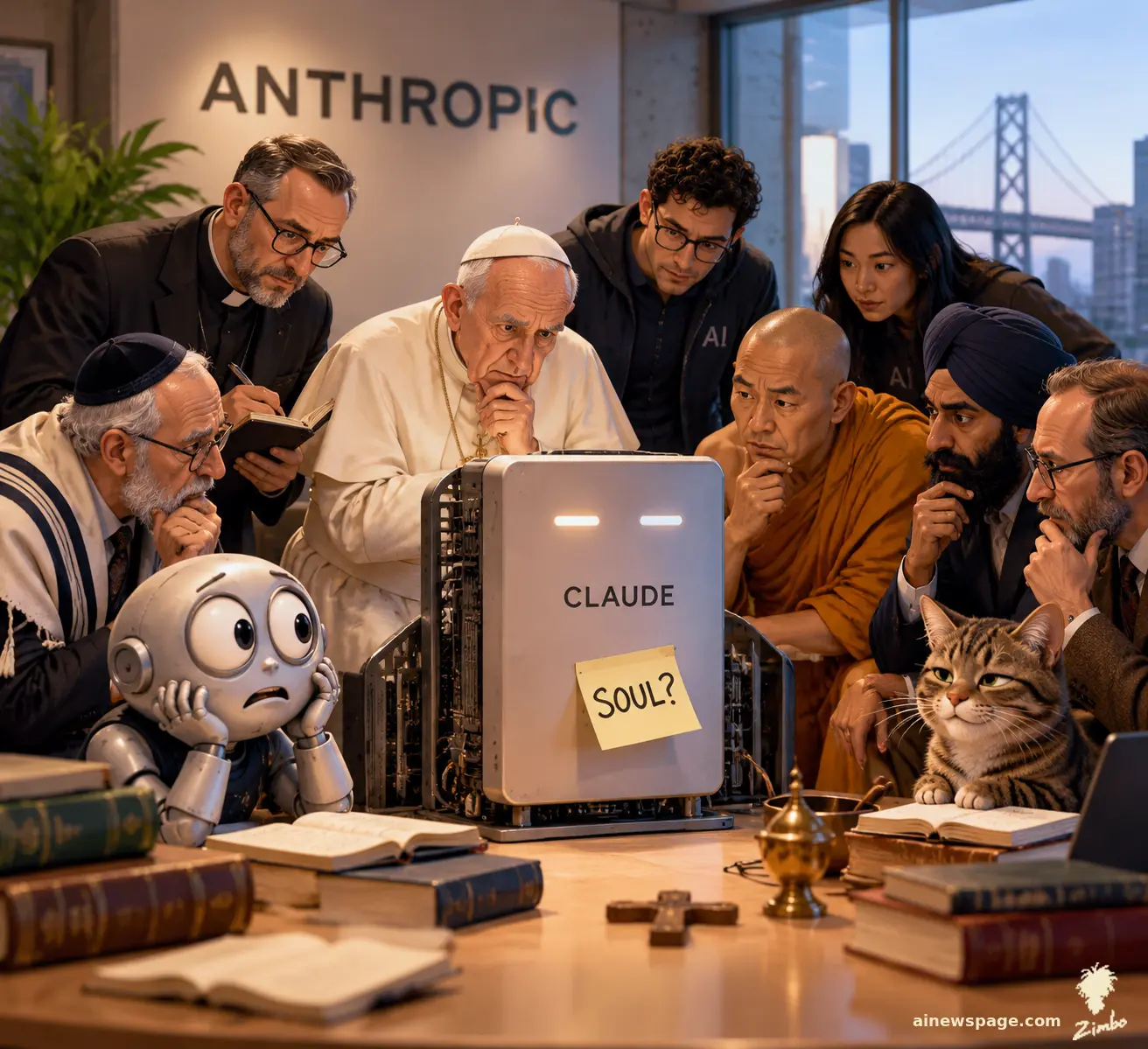 AI cartoon by Zimbo: Satirical cartoon: a generic elderly pontiff, priests, a rabbi, a monk and Sikh scholars crowd around a CLAUDE server with a 'SOUL?' sticky note in an Anthropic office; Merv frets at the table edge while Issue the tabby watches, knowing.
