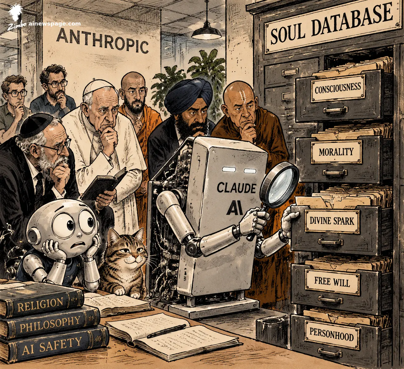 AI cartoon by Zimbo: Satirical cartoon: a CLAUDE robot with a magnifying glass searches a SOUL DATABASE filing cabinet (drawers: CONSCIOUSNESS, MORALITY, DIVINE SPARK, FREE WILL, PERSONHOOD) while religious leaders watch; Merv worries, Issue the tabby knows.