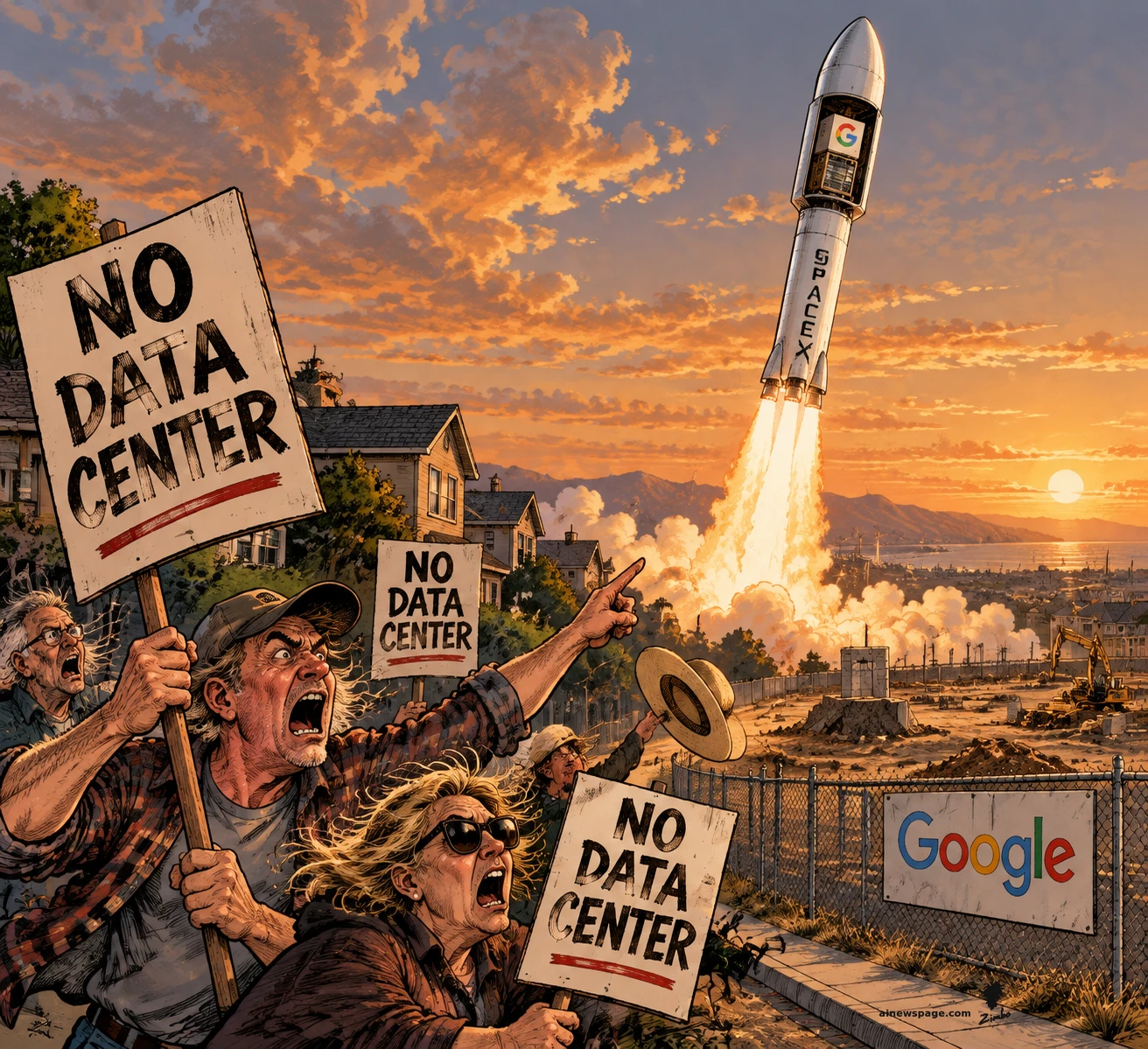 AI cartoon by Zimbo: Satirical cartoon: angry neighbors wave NO DATA CENTER protest signs while a SpaceX rocket carrying a Google satellite blasts off behind them.