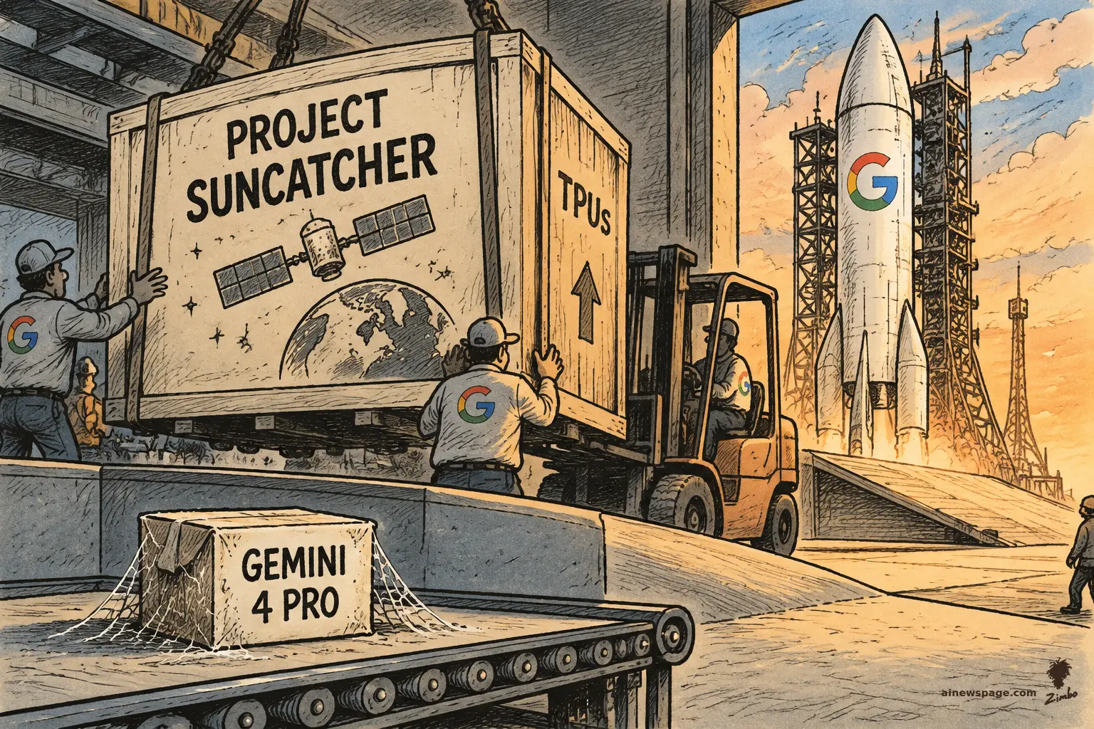 AI cartoon by Zimbo: Satirical cartoon: at golden hour, workers and a forklift push a giant crate stenciled PROJECT SUNCATCHER toward a Google-G rocket on a launchpad, while a tiny cobwebbed box labeled GEMINI 4 PRO sits abandoned on a conveyor belt in the foreground.