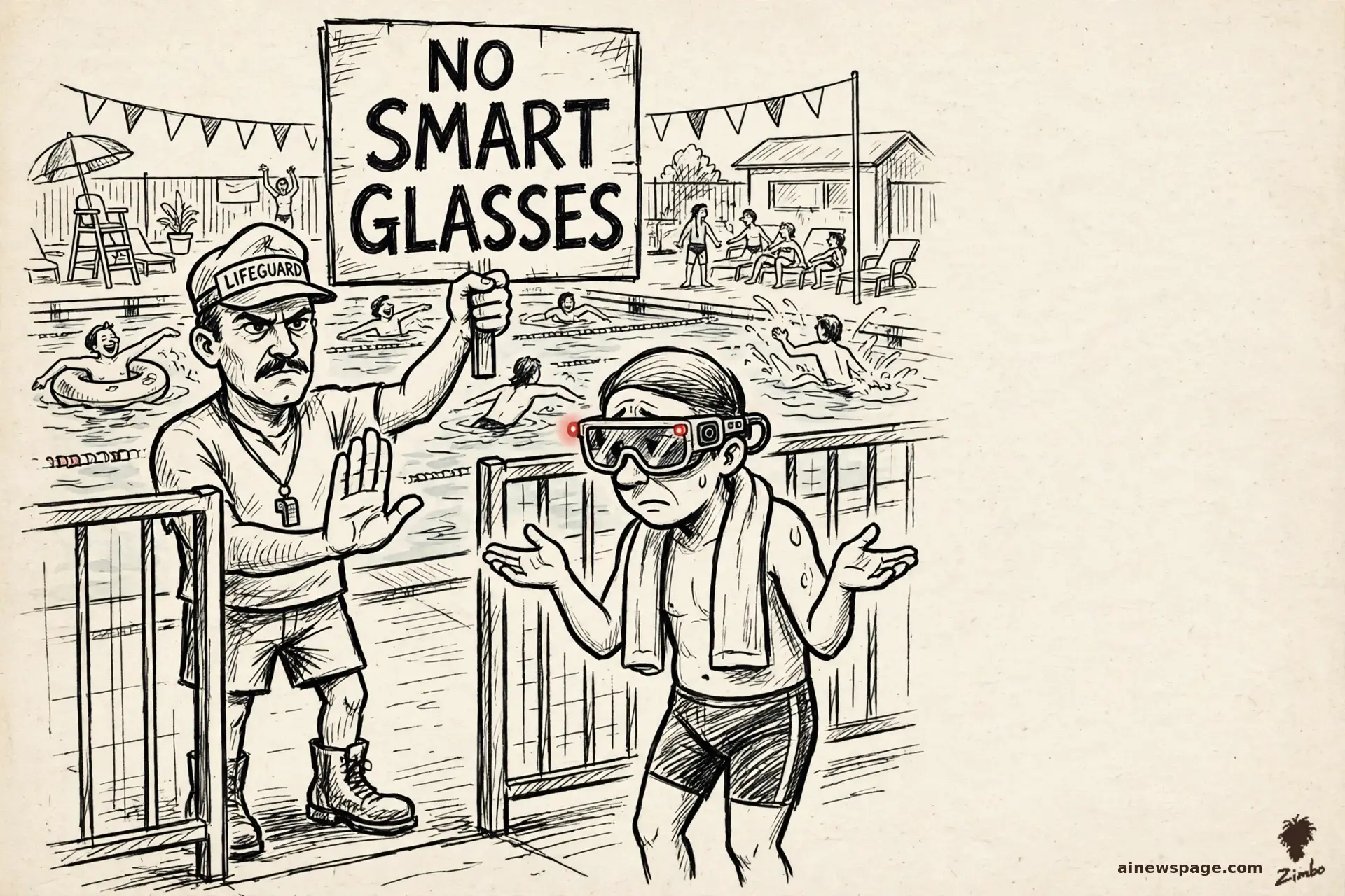AI cartoon by Zimbo: A row of smart glasses lies confiscated in a bin at a Sydney pool entrance; a sign reads NO SMART GLASSES — ALL OF THEM.