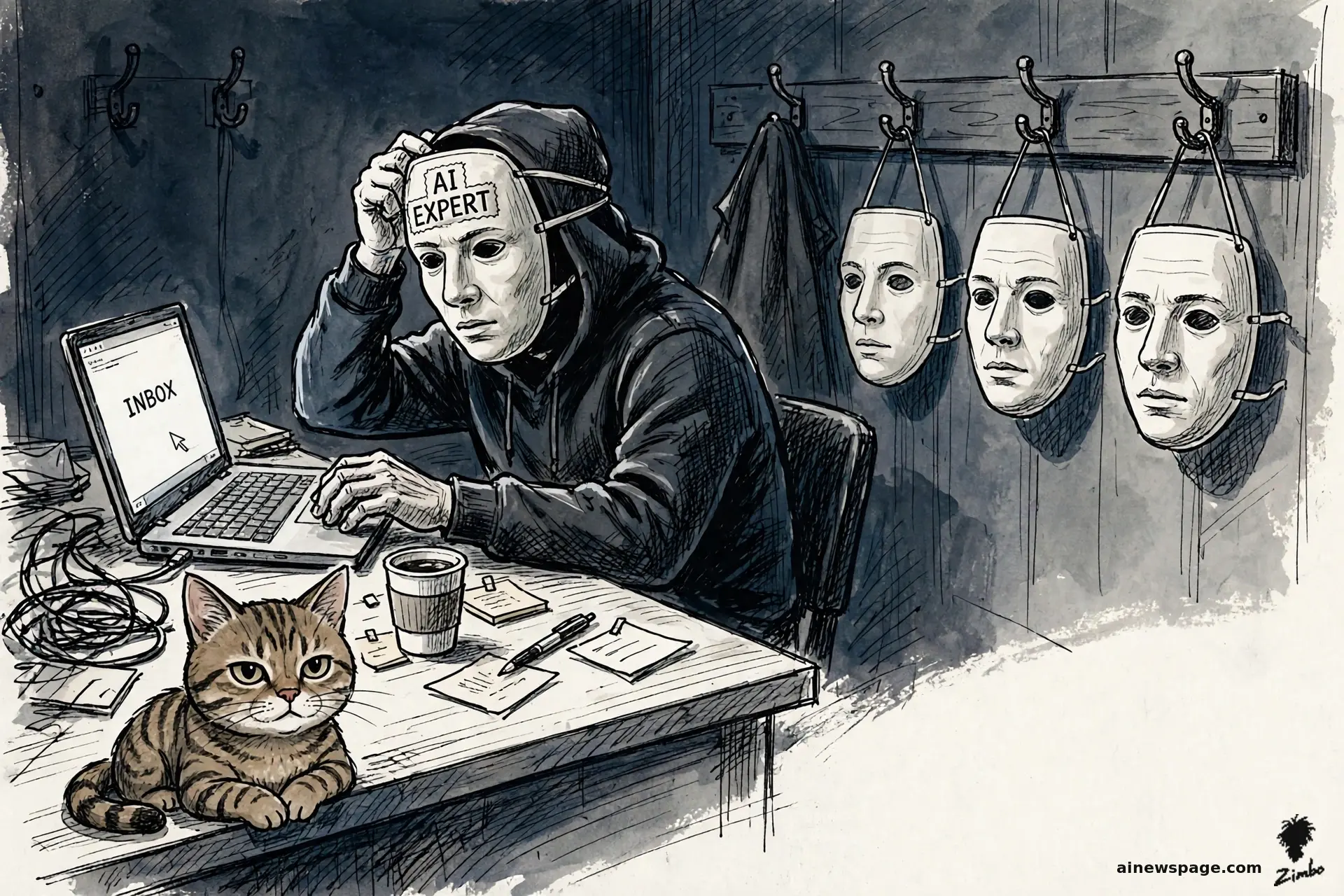Satirical cartoon: a hooded hacker pulls on an 'AI EXPERT' face-mask at a laptop showing an INBOX while spare face-masks hang on wall hooks; a small brown mackerel tabby cat on the desk stares at the viewer, knowing.