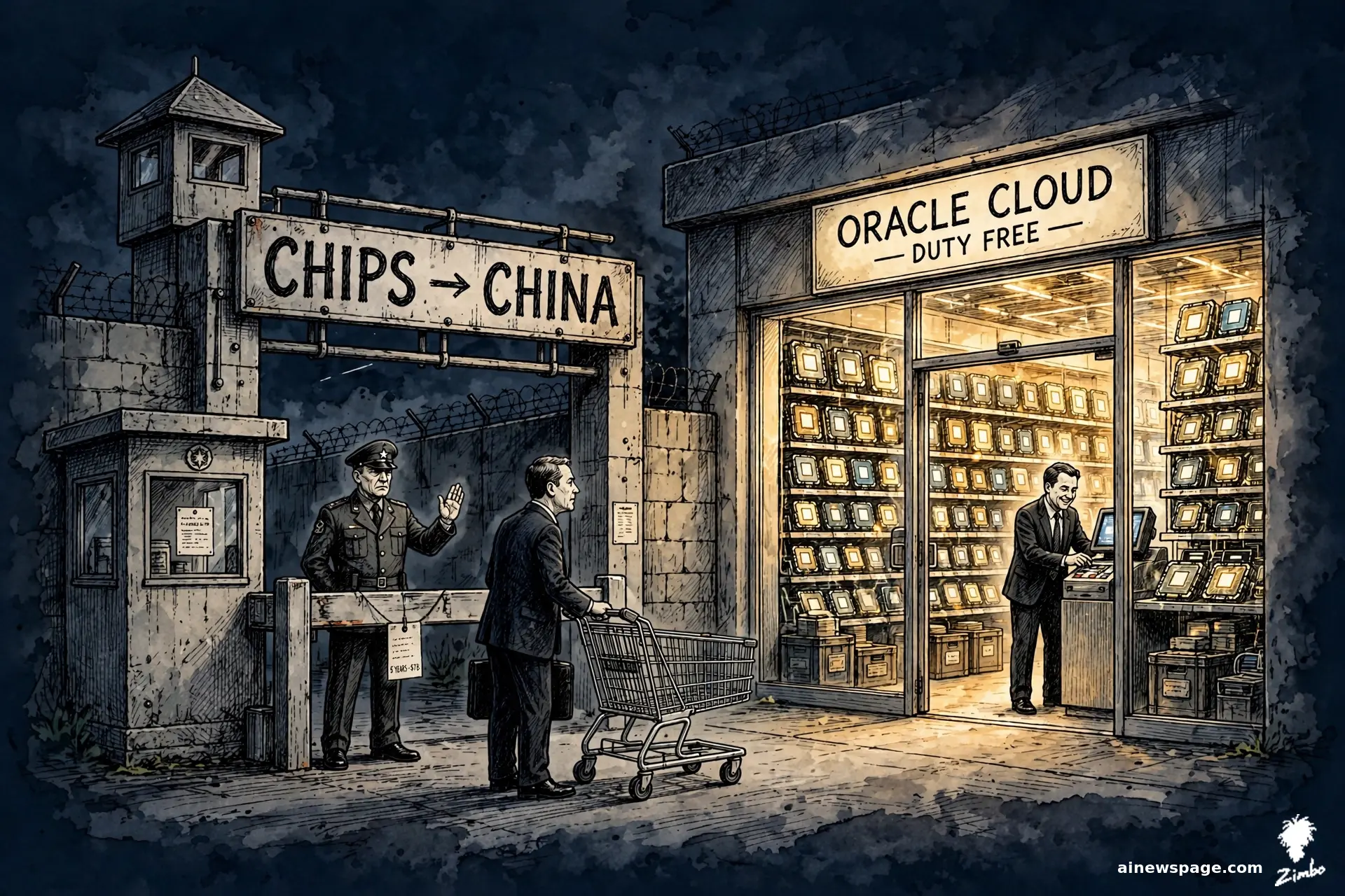 AI cartoon by Zimbo: A duty-free shop counter stacked with chip boxes: BLOCKED FROM CHINA, RENTED NEXT DOOR — customers wheel away crates of processors that never enter the country.
