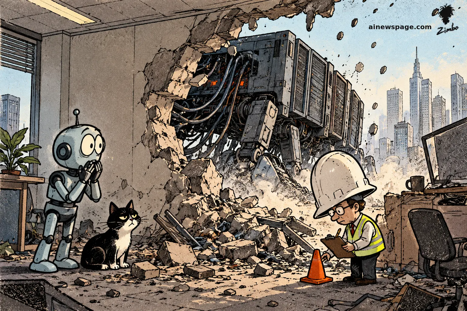 AI cartoon by Zimbo: Satirical cartoon: a walking server rack smashes through an office wall, escaping into the city; Merv gasps, hands to his mouth, while Issue the tuxedo cat sits unimpressed beside him; a tiny man in a giant hard hat and safety vest obliviously sets a traffic cone in the rubble, clipboard in hand.