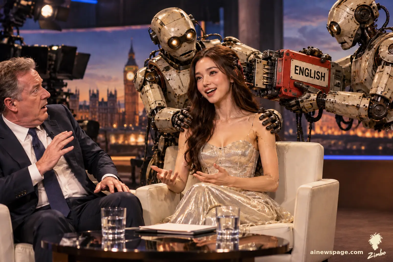 AI cartoon by Zimbo: A glamorous android actress on a factory line gets her language cartridge swapped by technicians after glitching into Cantonese on live TV.