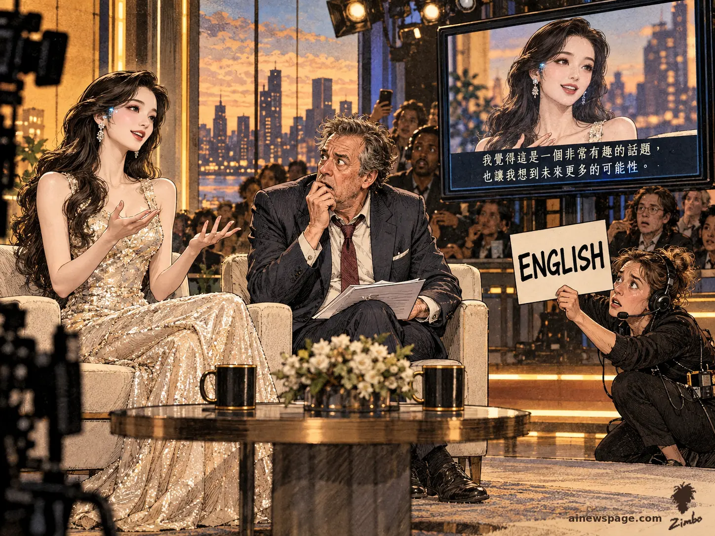 AI cartoon by Zimbo: A glamorous synthetic actress glitches mid-interview, speech bubbles switching to Cantonese, while the host stares and a technician scrambles with a remote.