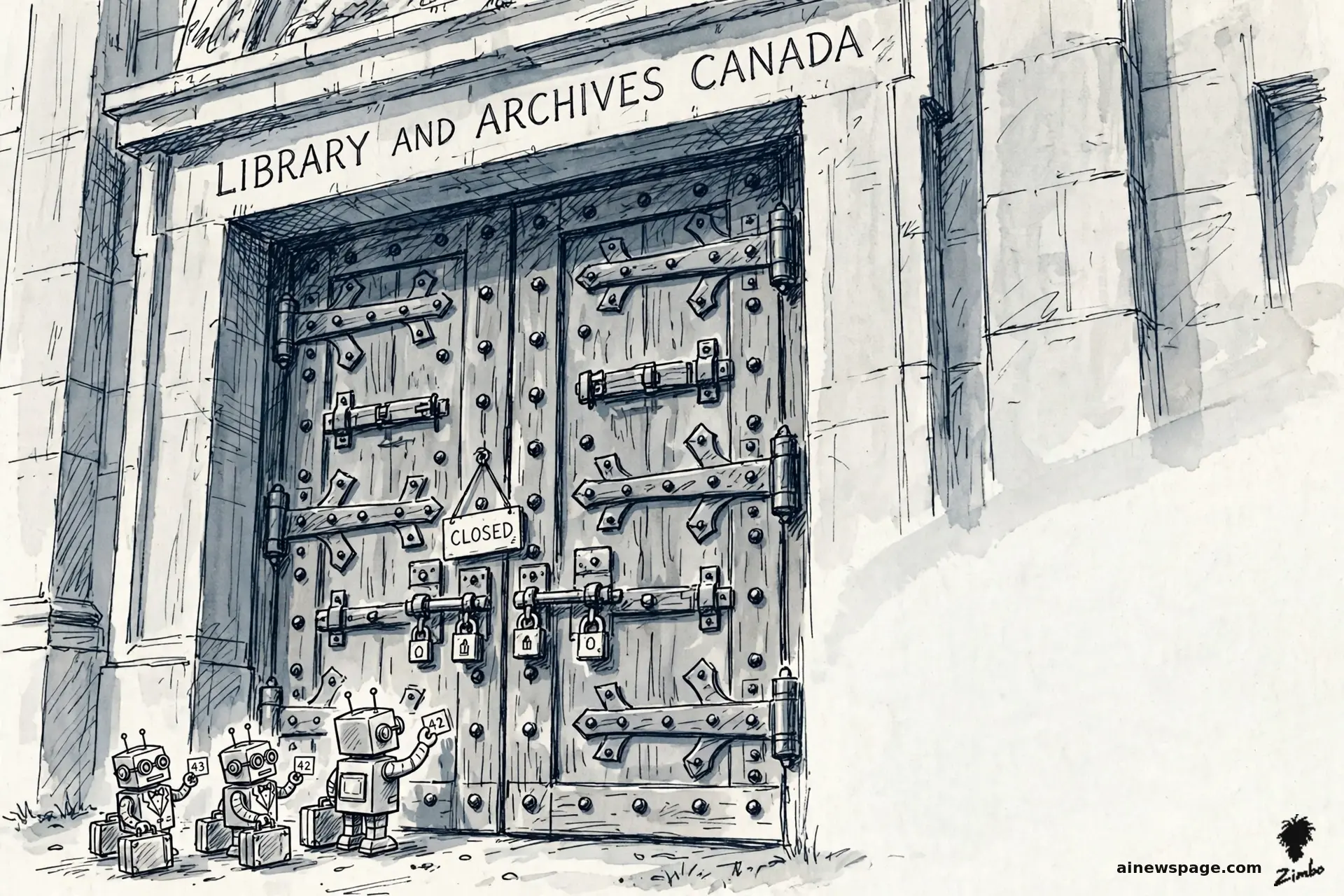AI cartoon by Zimbo: Satirical cartoon: three tiny boxy robots holding queue tickets (42, 43) and briefcases wait before the giant bolted iron doors of LIBRARY AND ARCHIVES CANADA, hung with a CLOSED sign and padlocks.