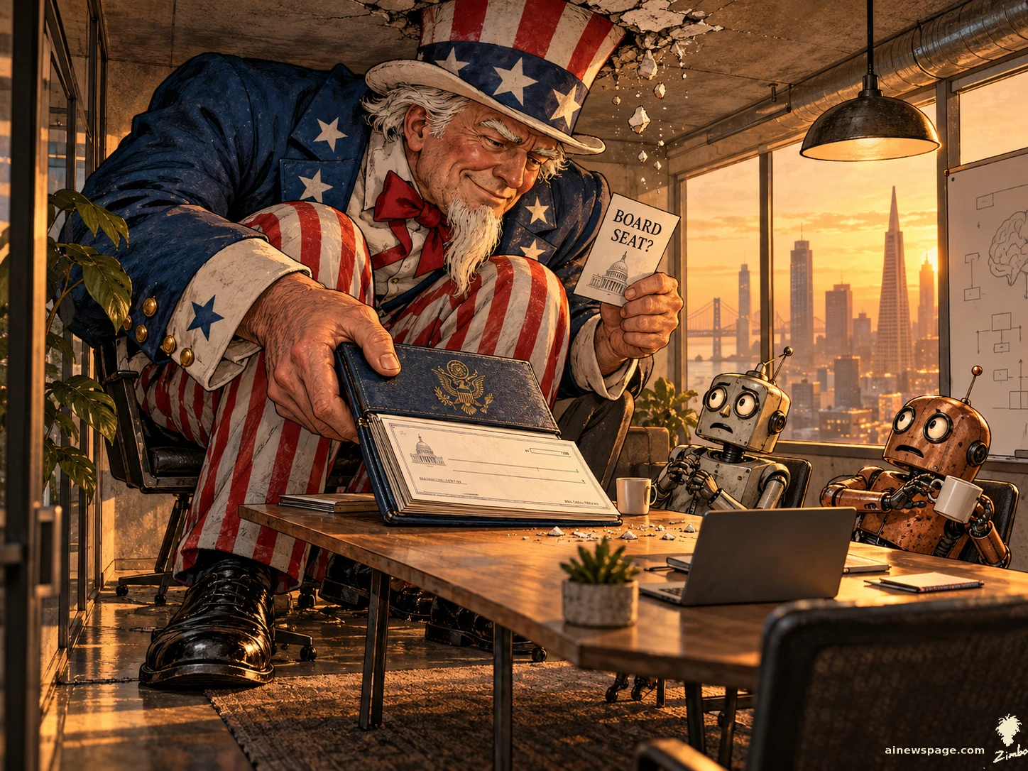 AI cartoon by Zimbo: Satirical cartoon: a giant Uncle Sam squeezes into a startup office holding a BOARD SEAT? card and opening a government checkbook while two worried robots look on.