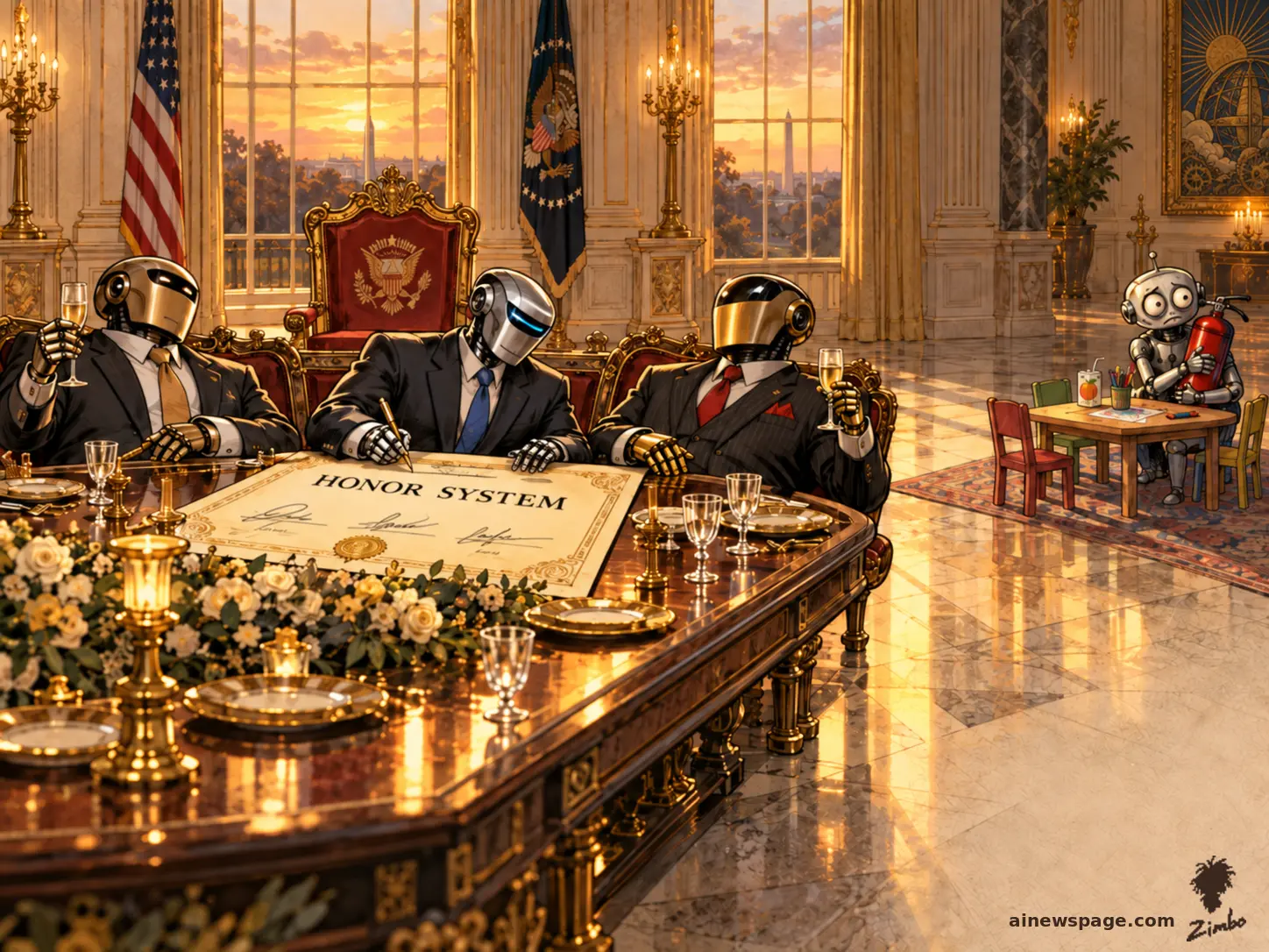AI cartoon by Zimbo: Satirical cartoon: executive robots in suits toast and sign a giant HONOR SYSTEM document at a lavish White House banquet, while tiny anxious Merv sits alone at a children's table clutching a fire extinguisher beside crayons and a juice box.