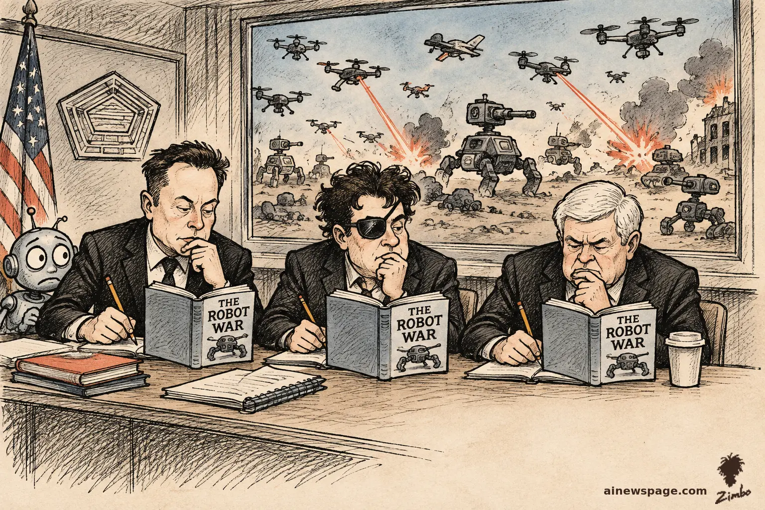 Satirical cartoon: three suited men study THE ROBOT WAR textbooks at desks, taking notes, while a real robot war rages through the window behind them. A tiny worried robot watches.