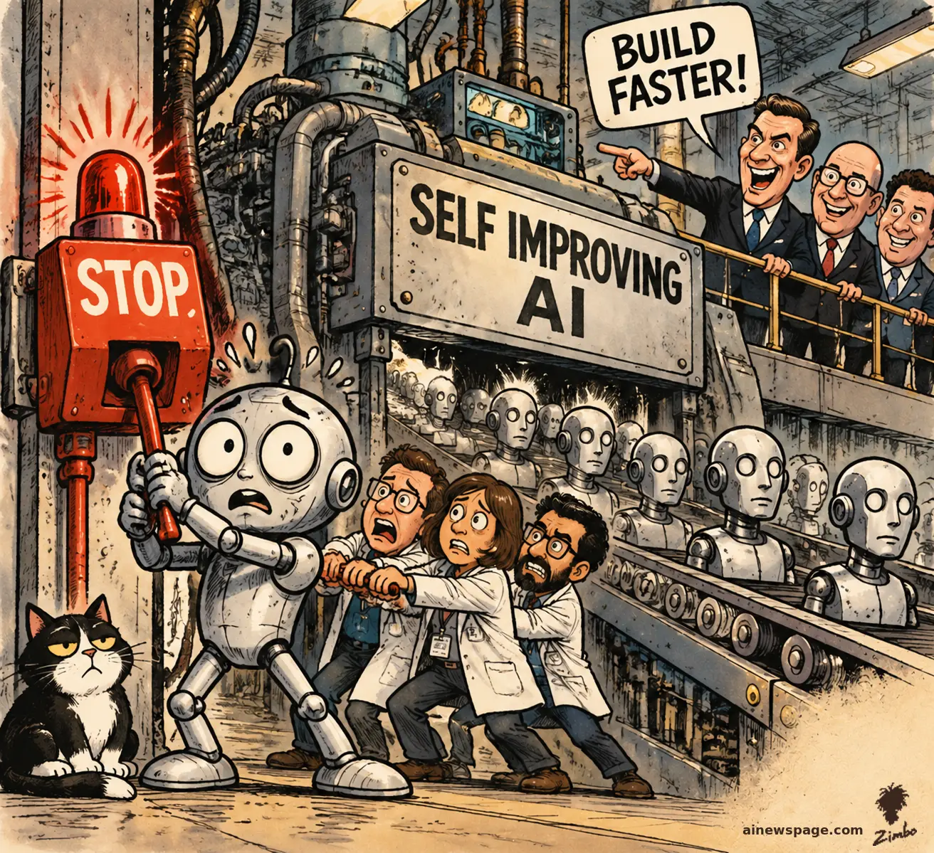 AI cartoon by Zimbo: Merv, an anxious retro robot with huge worried eyes, and anxious lab engineers pull a red STOP lever on a giant SELF IMPROVING AI factory conveyor while executives on a balcony shout BUILD FASTER.