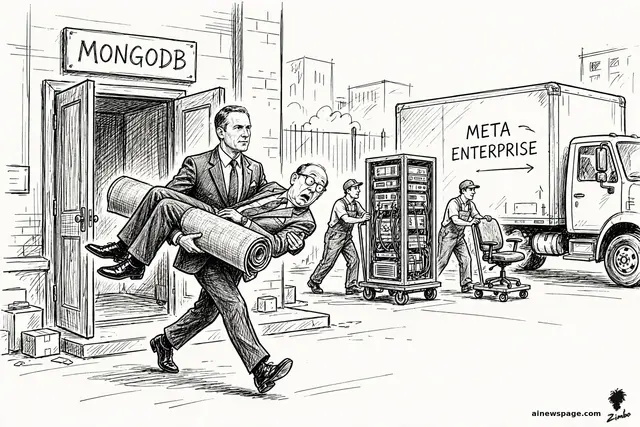 A CEO is carried out of an office building over someone's shoulder like a heist loot bag while movers box up the MongoDB logo.