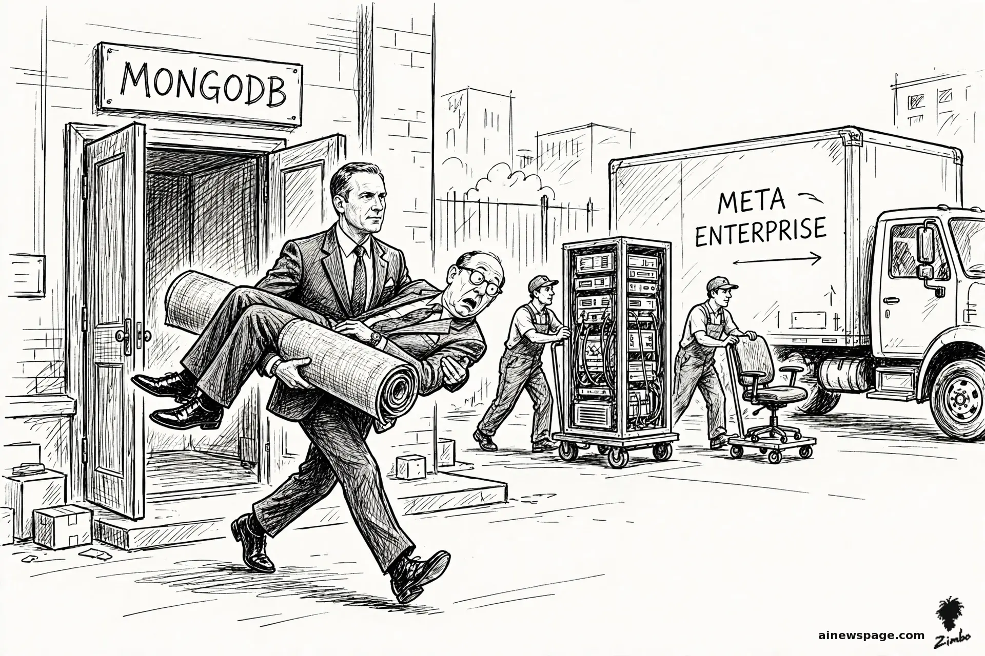 AI cartoon by Zimbo: A CEO is carried out of an office building over someone's shoulder like a heist loot bag while movers box up the MongoDB logo.