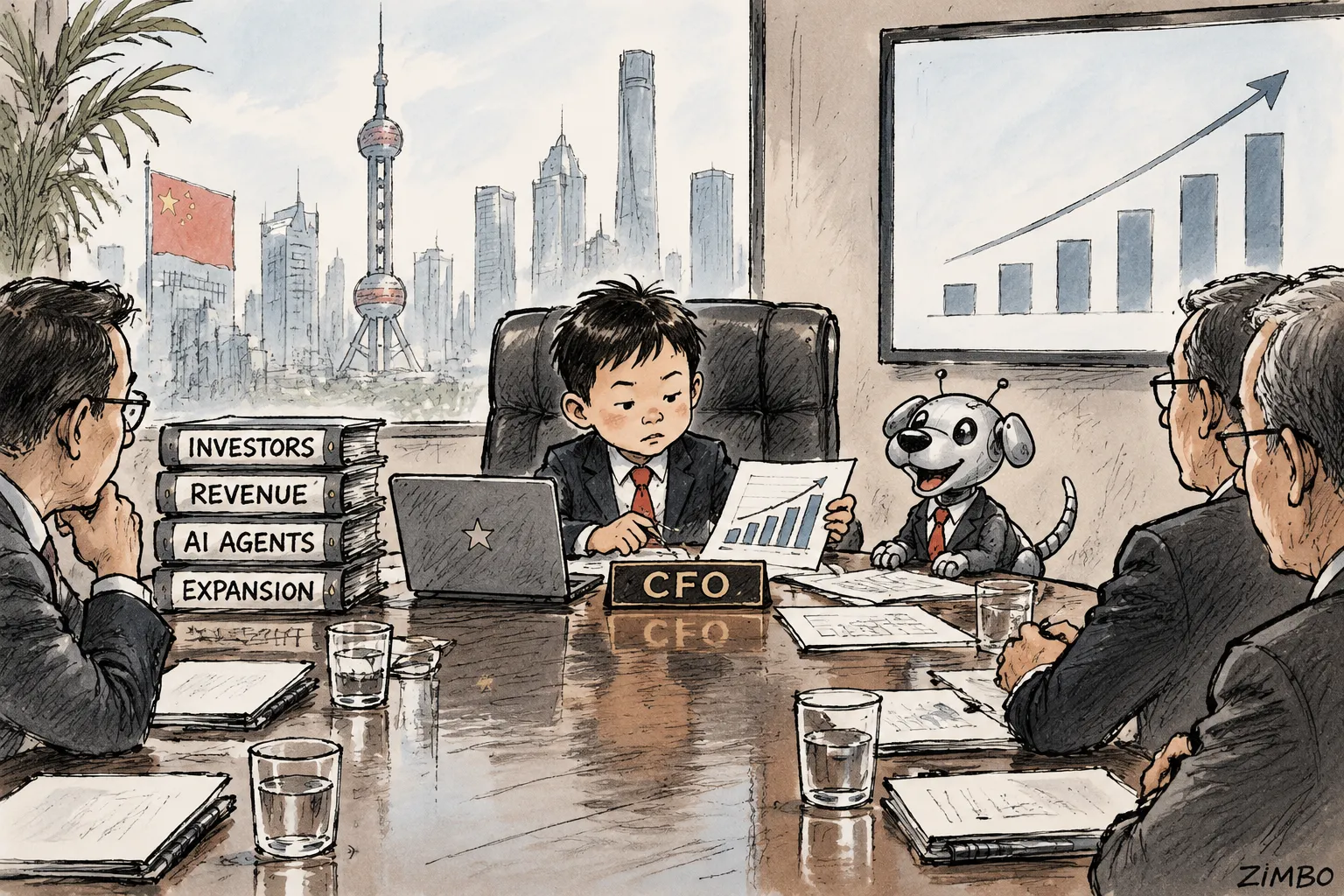 AI cartoon by Zimbo: Editorial cartoon: a 10-year-old in an oversized suit chairs a boardroom behind a CFO nameplate, pointing at a rising chart, while a small robot dog in a tiny suit agrees beside him; file stacks labeled INVESTORS, REVENUE, AI AGENTS, EXPANSION; Shanghai skyline outside.