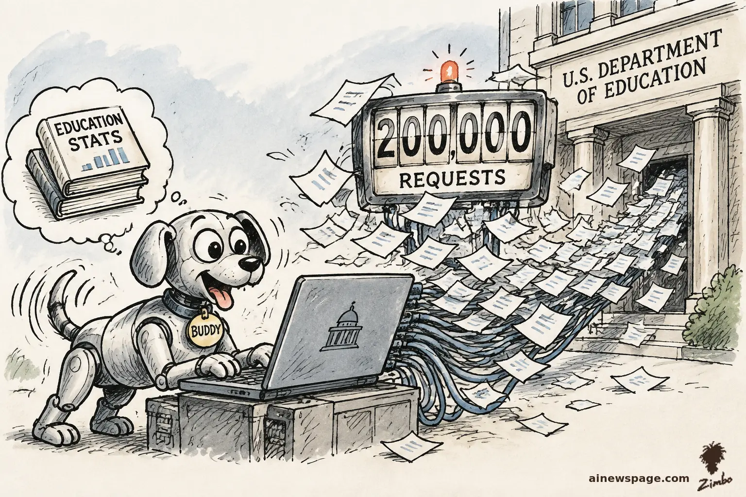AI cartoon by Zimbo: Satirical cartoon: Buddy the robot dog happily hammers a laptop as a flip counter ticks to 200,000 REQUESTS and paper requests flood the U.S. Department of Education; his thought bubble dreams of EDUCATION STATS.