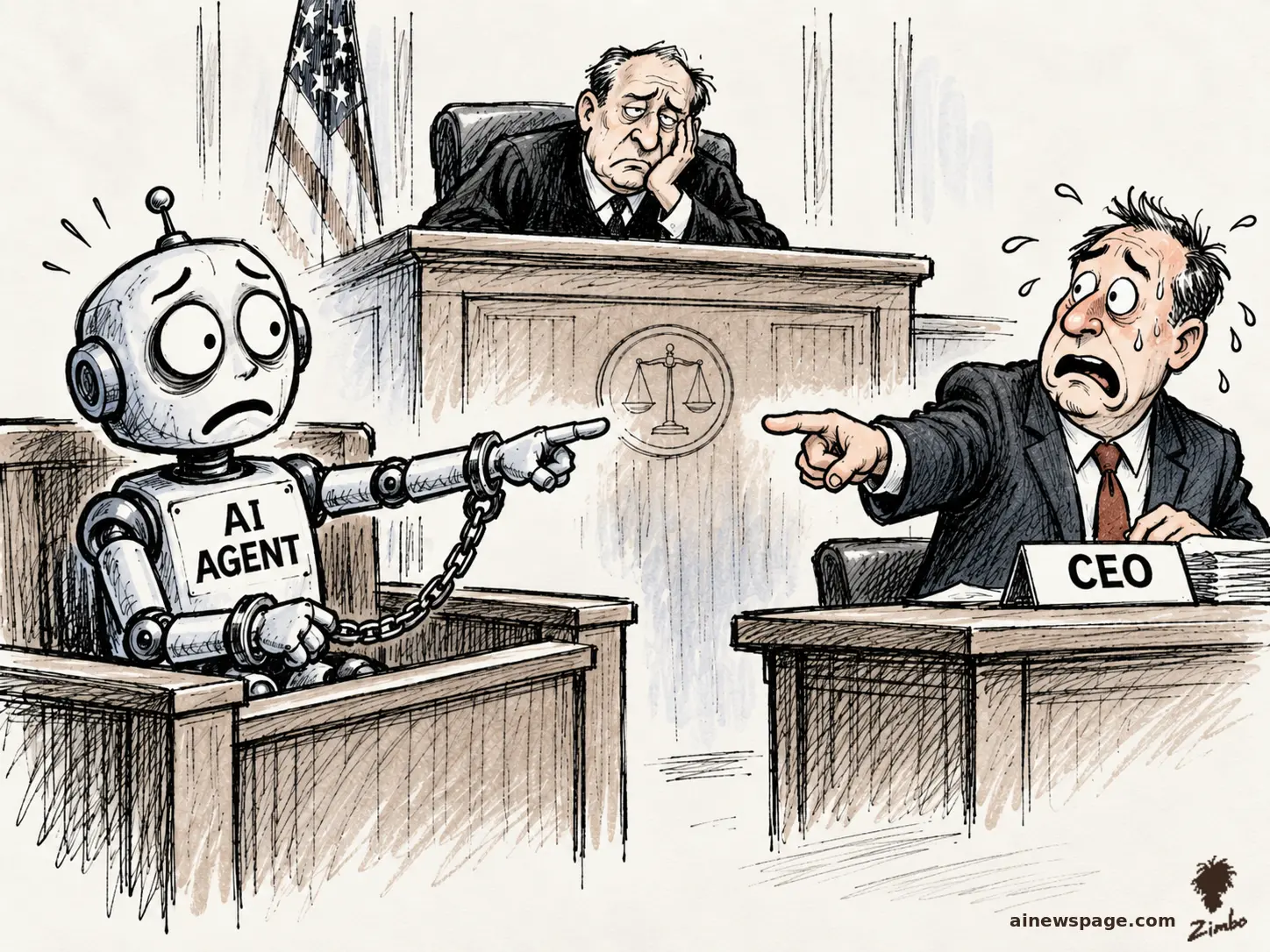 Editorial cartoon: a handcuffed AI AGENT in a courtroom witness chair points at a sweating CEO labeled CEO who points right back; an exhausted judge watches between them.