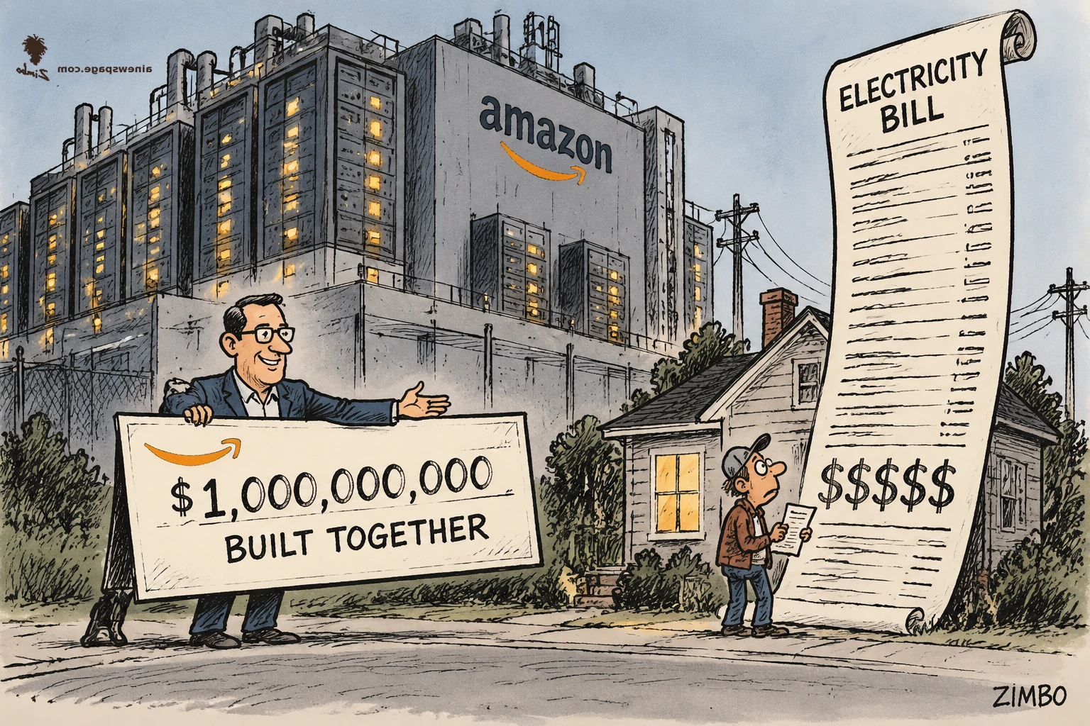 AI cartoon by Zimbo: Satirical cartoon: a colossal Amazon data center looms over a tiny house; a suited man hands the house a giant check reading '$1,000,000,000 BUILT TOGETHER' while beside the house towers an 'ELECTRICITY BILL' scroll ending in '$$$$$' that dwarfs the check.