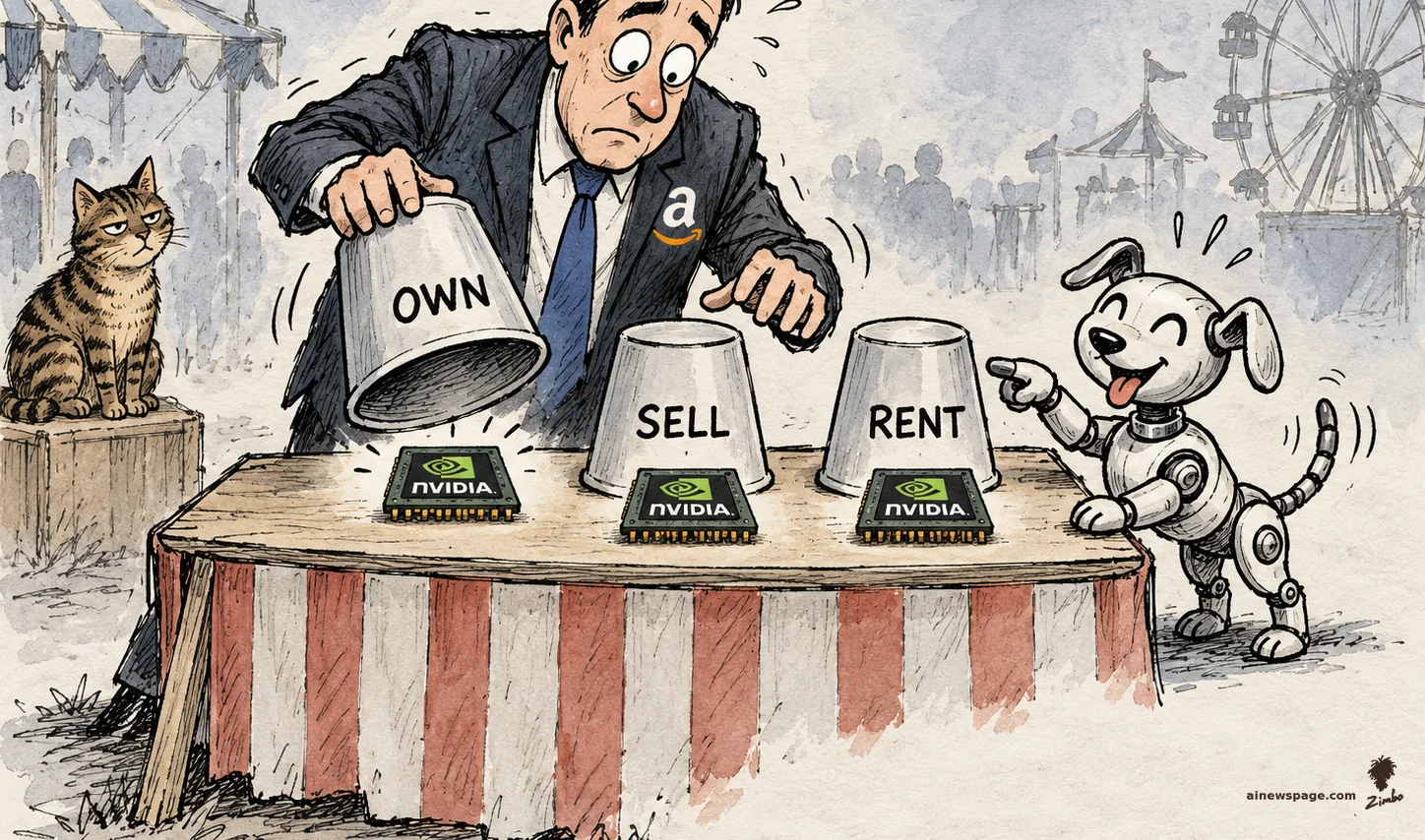 AI cartoon by Zimbo: Satirical cartoon: an Amazon executive runs a carnival shell game with cups labeled OWN, SELL, and RENT, each revealing the identical NVIDIA chip; Buddy the robot dog cheers and Issue the tabby cat watches knowingly.