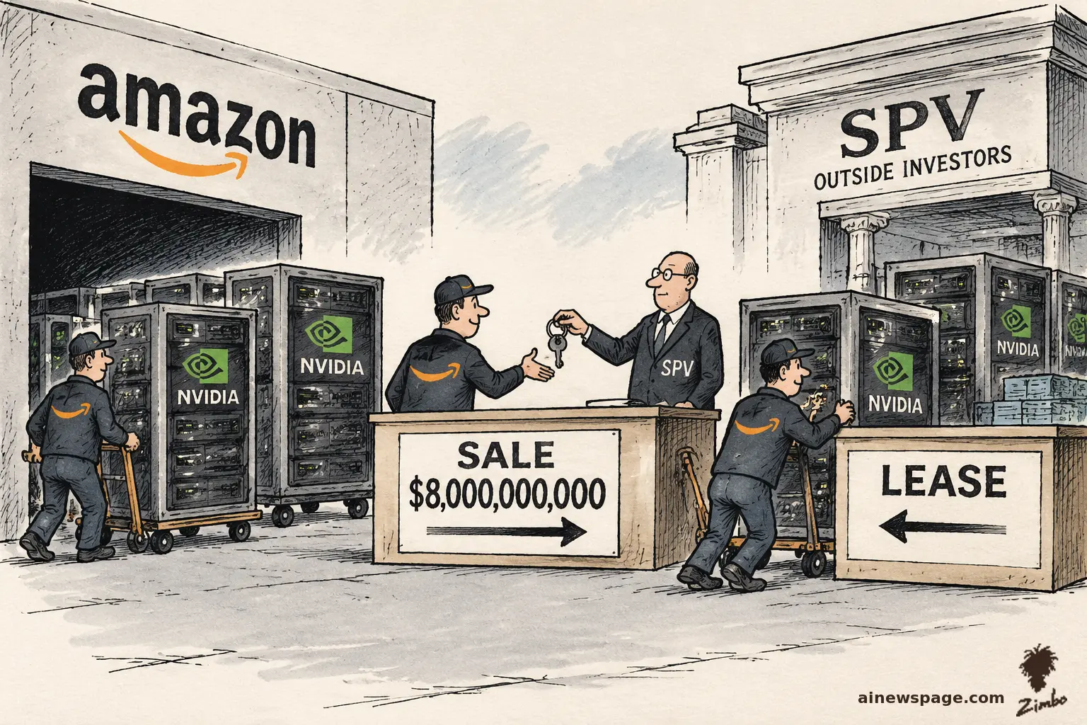 Editorial cartoon: Amazon workers wheel Nvidia server racks out through a “SALE $8,000,000,000” gate to an SPV banker and wheel the same racks straight back in through a “LEASE” gate — the chips never really leave.
