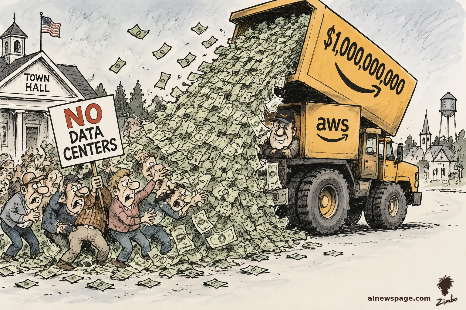 Satirical cartoon: a grinning AWS dump truck labeled $1,000,000,000 dumps a mountain of cash onto a small town hall while protesters holding a NO DATA CENTERS sign are buried in the money pile.