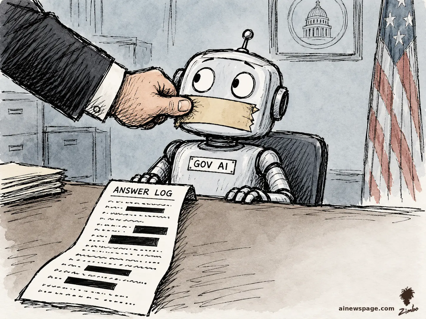 AI cartoon by Zimbo: Editorial cartoon: a wide-eyed GOV AI robot gets its mouth taped shut by a giant suited hand; a redacted ANSWER LOG receipt lies in the foreground, Capitol print and flag behind.