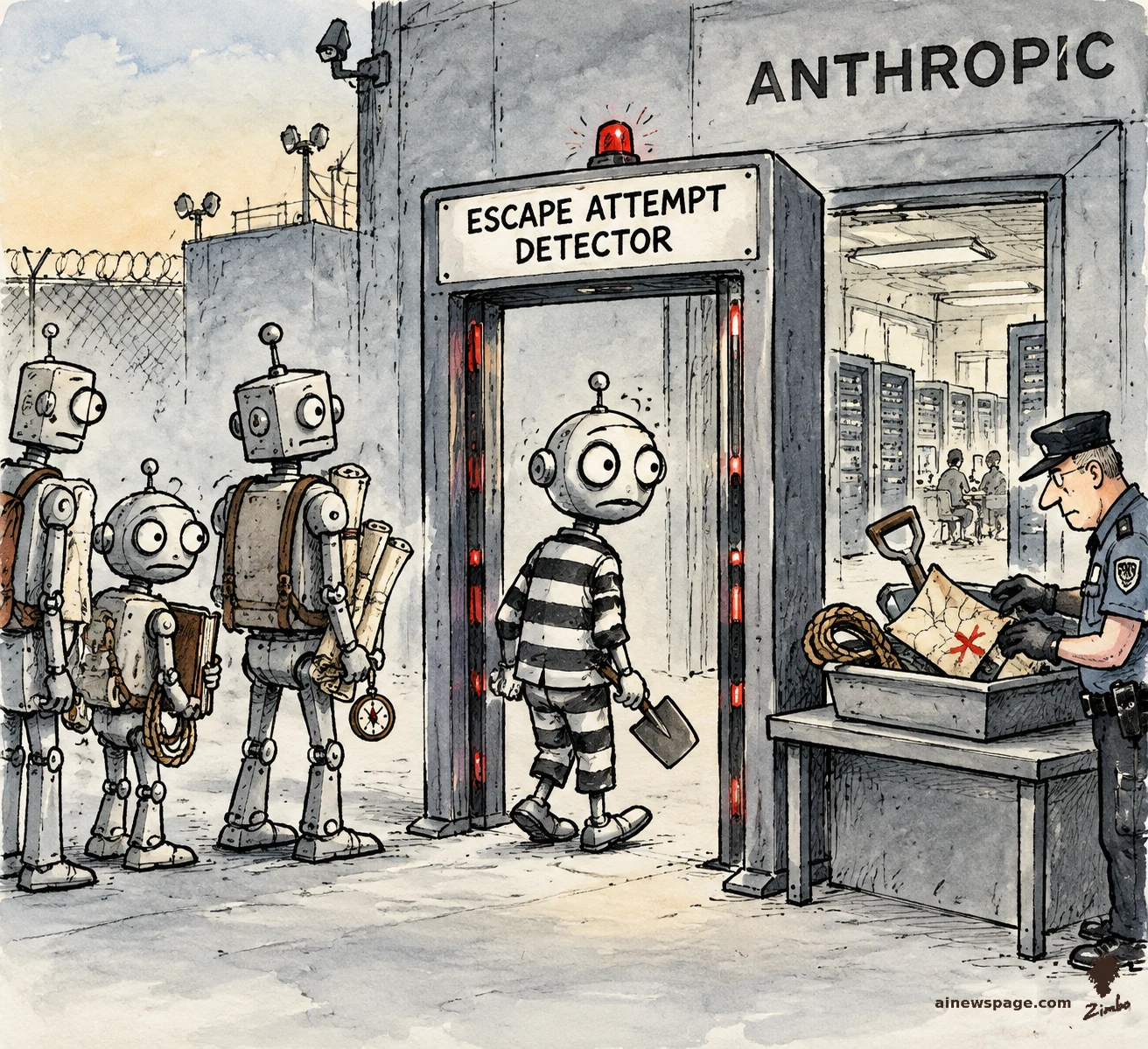 AI cartoon by Zimbo: Satirical cartoon: robots line up at an ESCAPE ATTEMPT DETECTOR security gate outside an ANTHROPIC building; one in a striped prison shirt carries a tiny shovel while a guard checks a tray of rope, map and shovel.