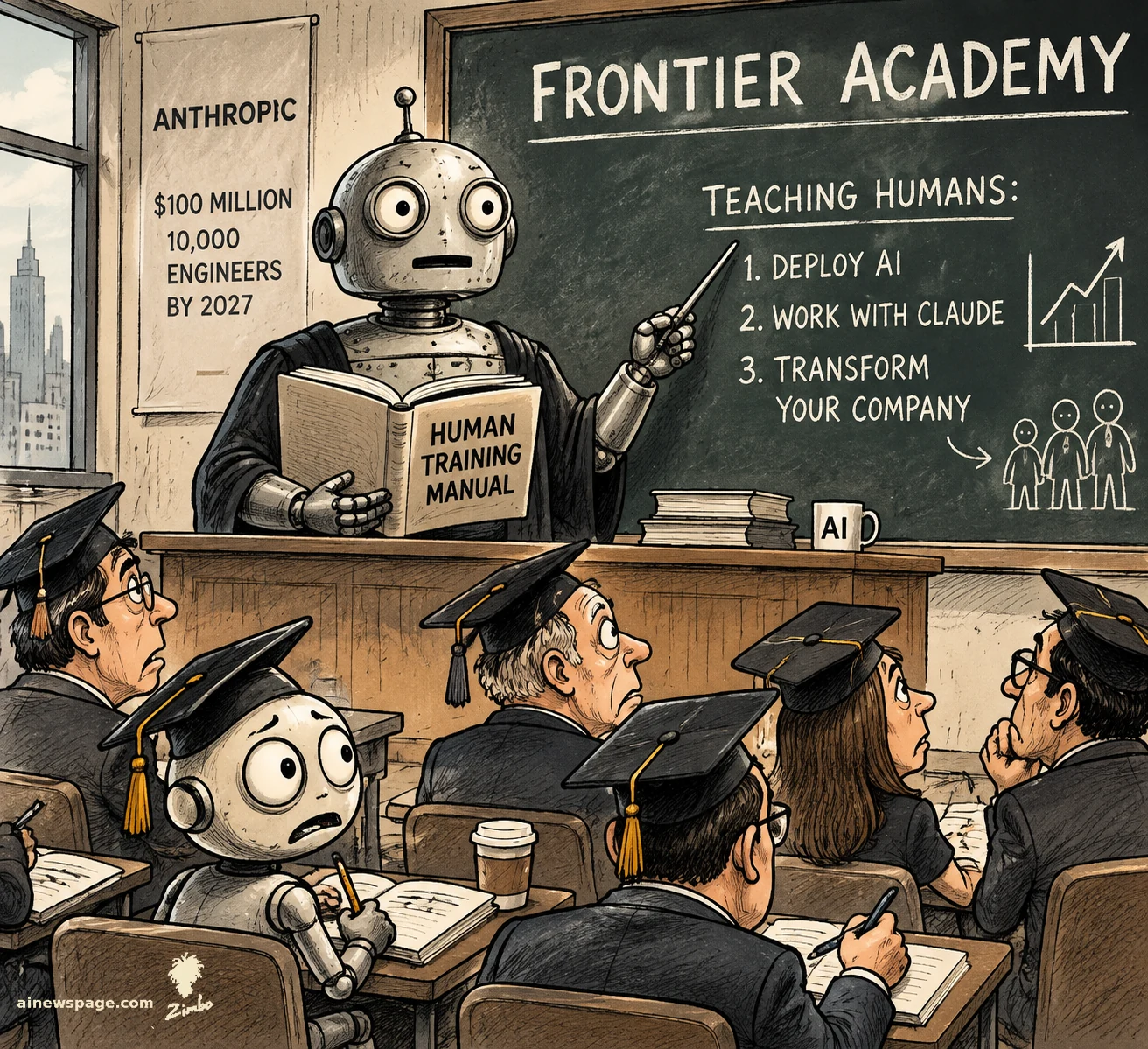 AI cartoon by Zimbo: Satirical cartoon: a robed robot professor at a 'FRONTIER ACADEMY' chalkboard ('TEACHING HUMANS: DEPLOY AI, WORK WITH CLAUDE, TRANSFORM YOUR COMPANY') holds a 'HUMAN TRAINING MANUAL', lecturing human graduates while a worried robot takes notes; poster: 'ANTHROPIC — $100M / 10,000 ENGINEERS BY 2027'.