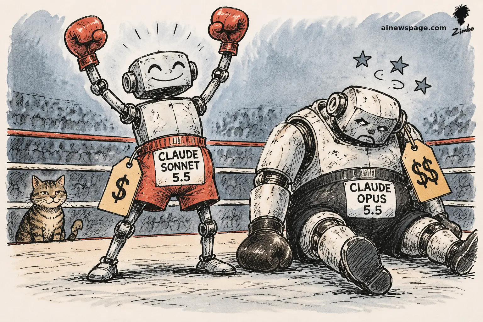 AI cartoon by Zimbo: Editorial cartoon: a small victorious robot labeled CLAUDE SONNET 5.5 with a $ price tag raises red boxing gloves over a giant dazed robot labeled CLAUDE OPUS 5.5 with a $$ tag; a tabby cat watches ringside.
