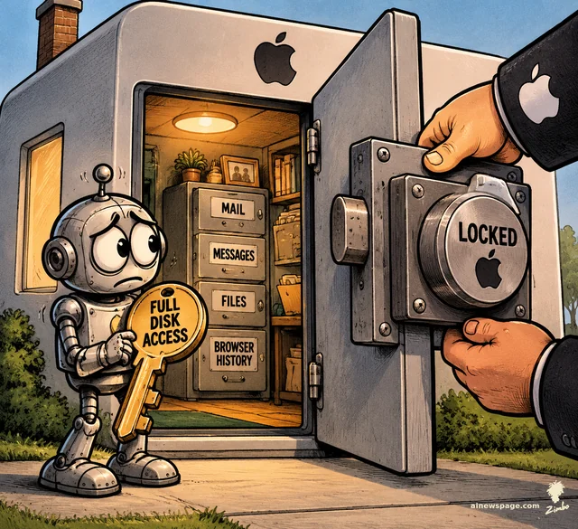 Satirical cartoon: a worried retro robot holds a giant gold 'FULL DISK ACCESS' key outside a house; inside the open doorway a filing cabinet with drawers labeled MAIL, MESSAGES, FILES, BROWSER HISTORY; a giant hand snaps a deadbolt marked LOCKED shut.