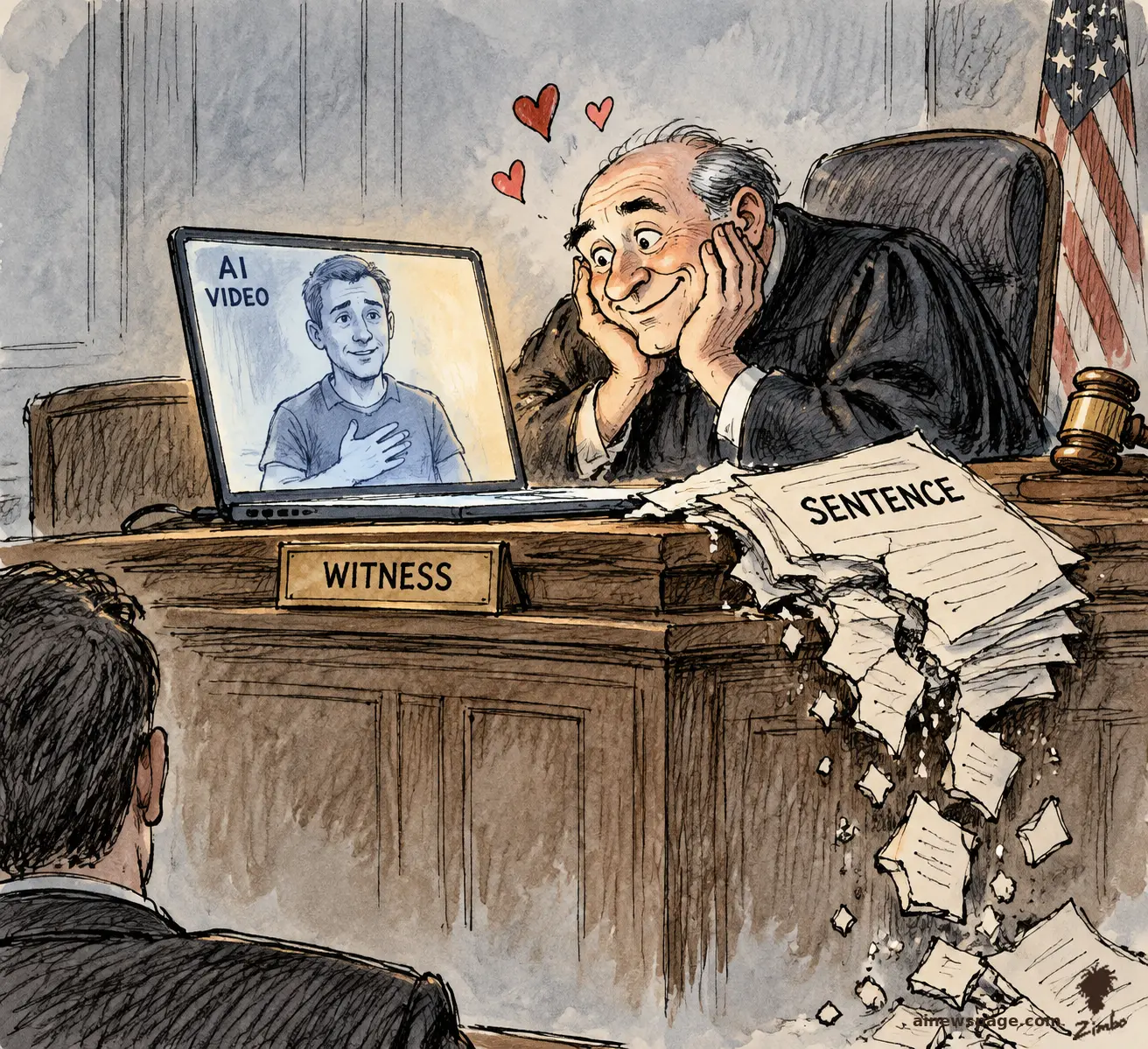 Satirical cartoon: a smitten judge hugs a glowing laptop labeled AI VIDEO while hearts float above him and the SENTENCE papers crumble off the bench; a WITNESS placard sits on the laptop.