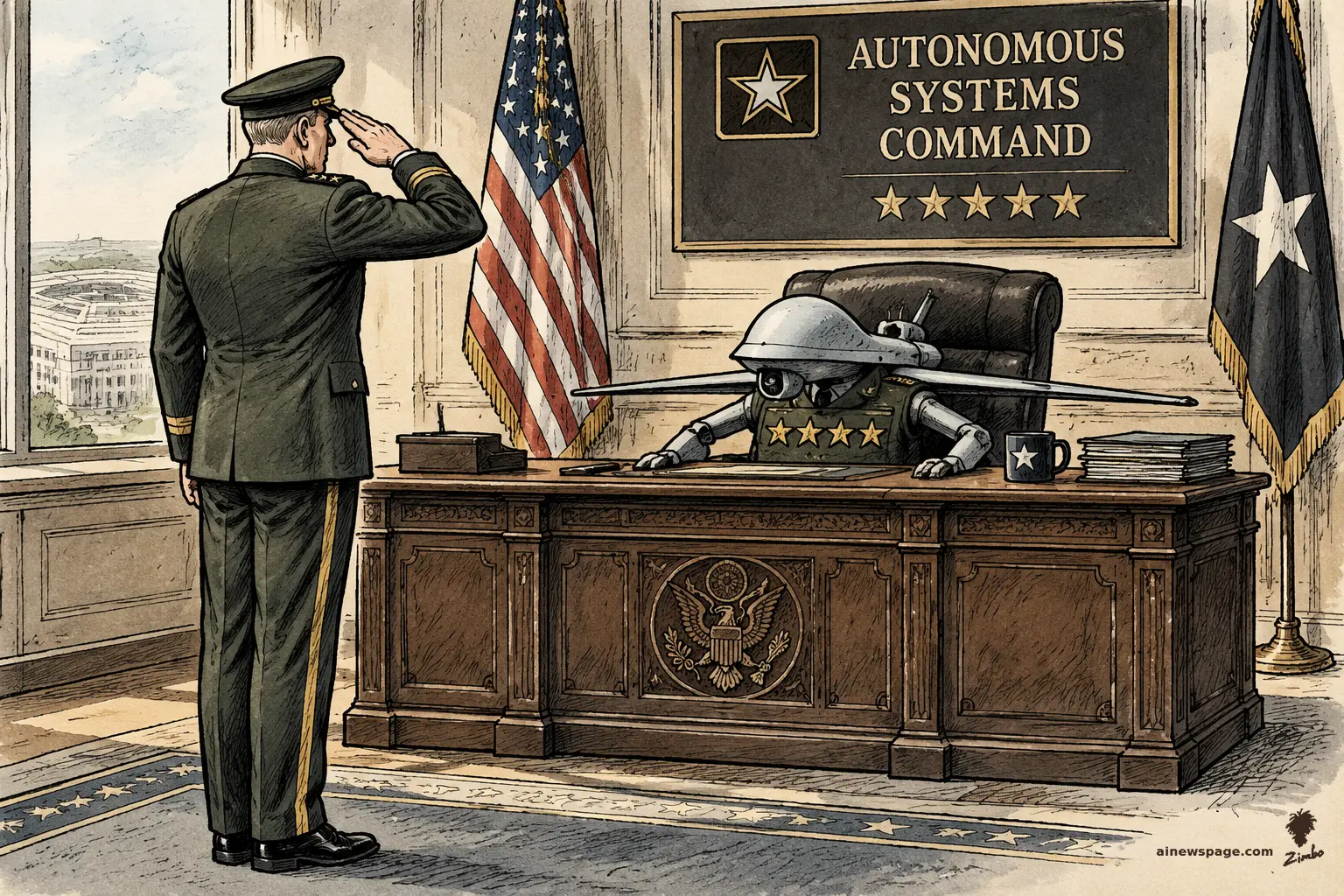 AI cartoon by Zimbo: Satirical Zimbo cartoon: a human Army general salutes a tiny drone in a four-star uniform seated behind an oversized general's desk, under a wall plaque reading AUTONOMOUS SYSTEMS COMMAND with five stars.
