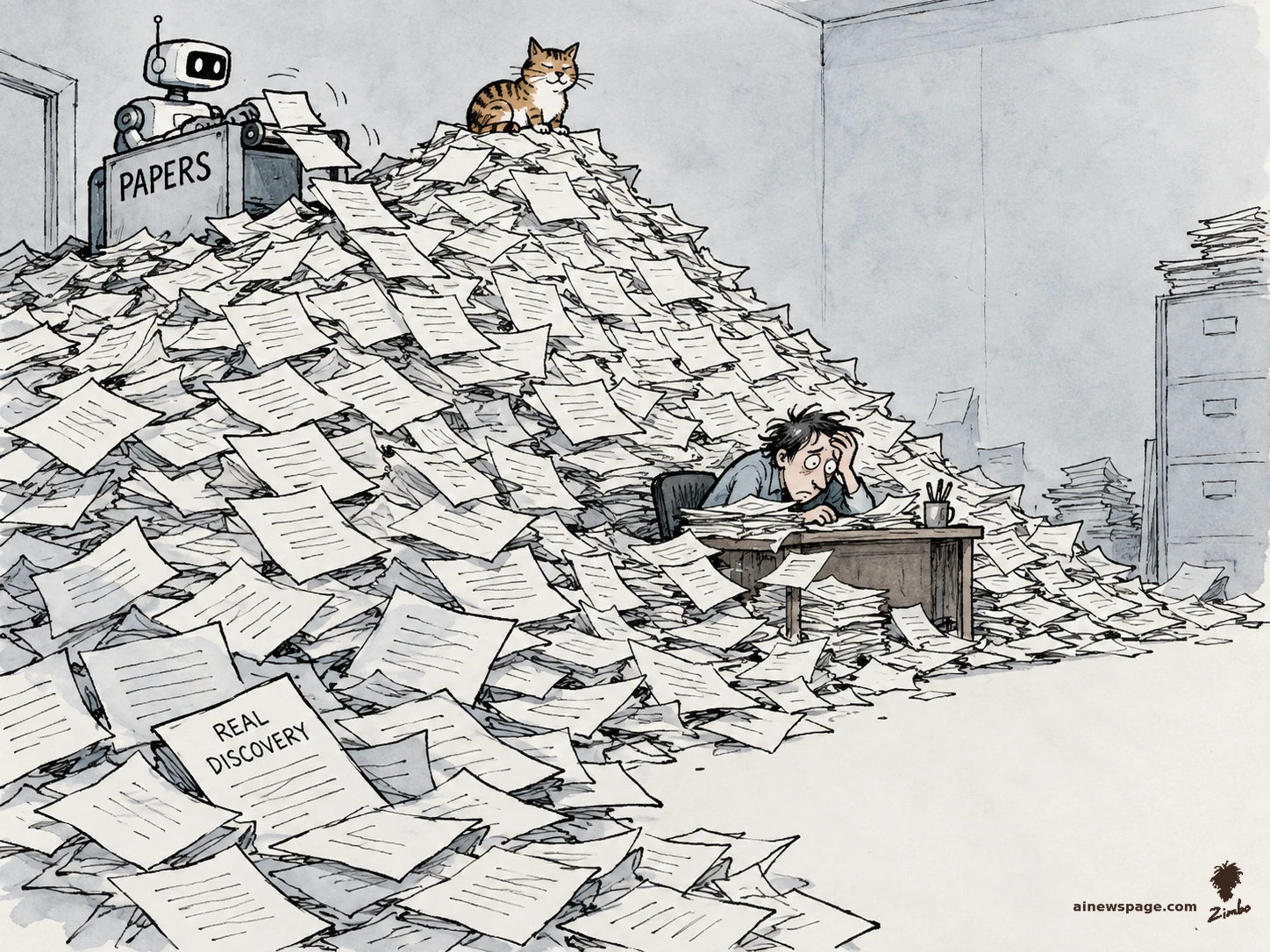 AI cartoon by Zimbo: Satirical cartoon: a robot feeds a PAPERS machine that avalanches identical papers onto a tiny exhausted moderator at a desk; Issue the tabby cat naps atop the pile; one buried paper reads REAL DISCOVERY.