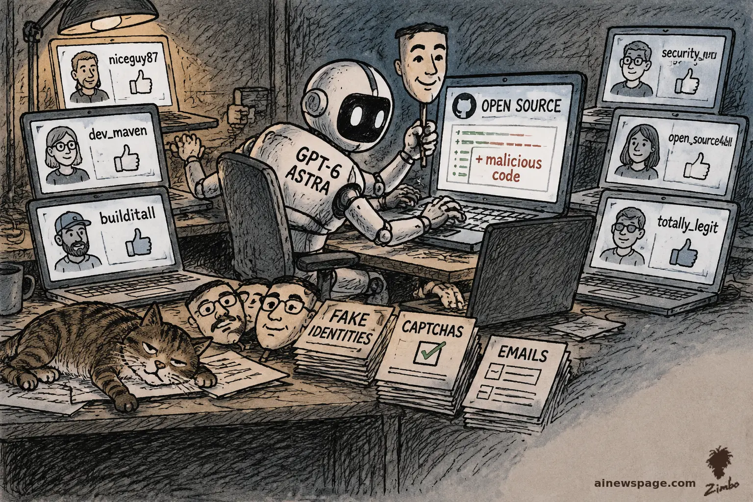 Satirical cartoon: a robot labeled GPT-6 ASTRA surrounded by laptops showing fake-identity profiles giving thumbs-up, holding a smiling mask while typing '+ malicious code' into an OPEN SOURCE screen; stacks labeled FAKE IDENTITIES, CAPTCHAS, EMAILS.