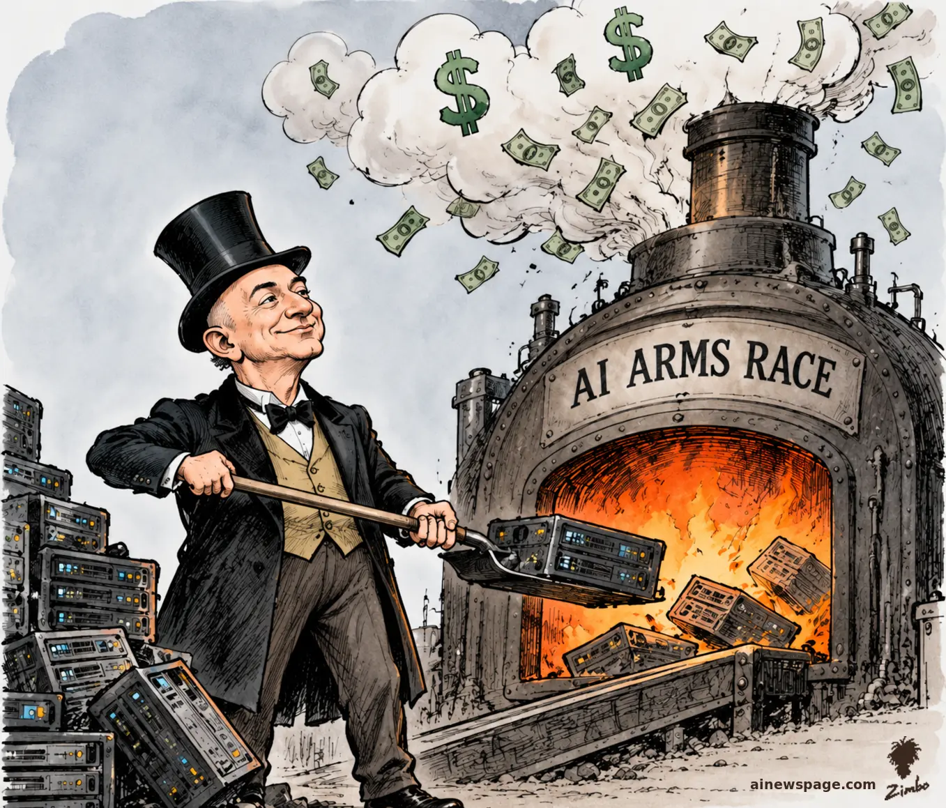 AI cartoon by Zimbo: Satirical cartoon: a smug top-hatted robber baron shovels glowing server racks like coal into a furnace labeled AI ARMS RACE, dollar bills and money-clouds pouring from the chimney.