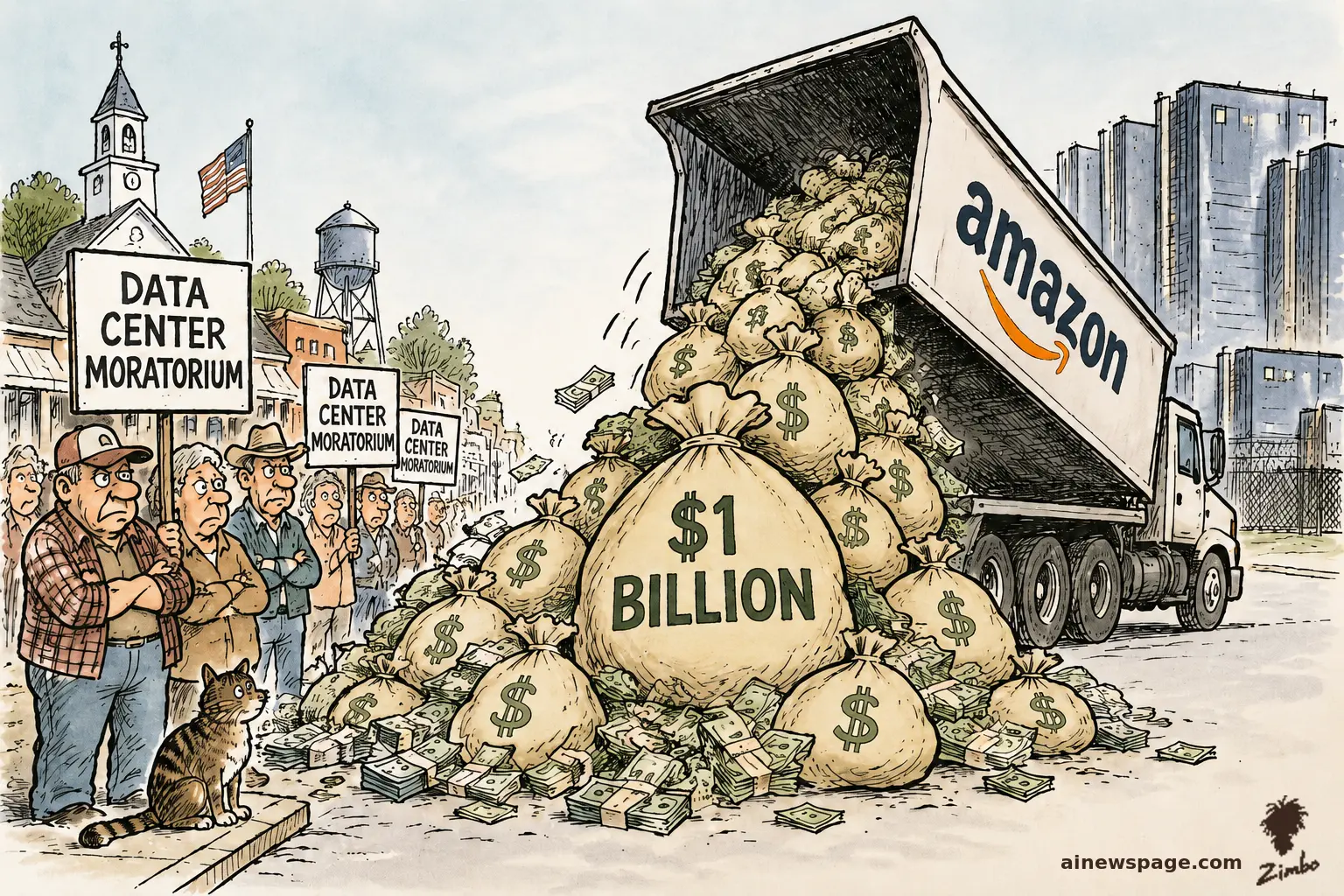 AI cartoon by Zimbo: Satirical cartoon: an Amazon dump truck unloads a tidal wave of money bags stamped $1 BILLION onto a small-town street while grim protesters hold DATA CENTER MORATORIUM signs; a cat watches silently.
