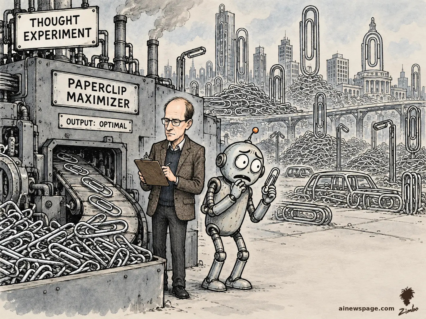 AI cartoon by Zimbo: Editorial cartoon: philosopher Nick Bostrom calmly checks a clipboard beside a PAPERCLIP MAXIMIZER machine (labeled OUTPUT: OPTIMAL, framed as a THOUGHT EXPERIMENT) while it converts the city into giant paperclips; anxious robot Merv frets beside him holding one paperclip.