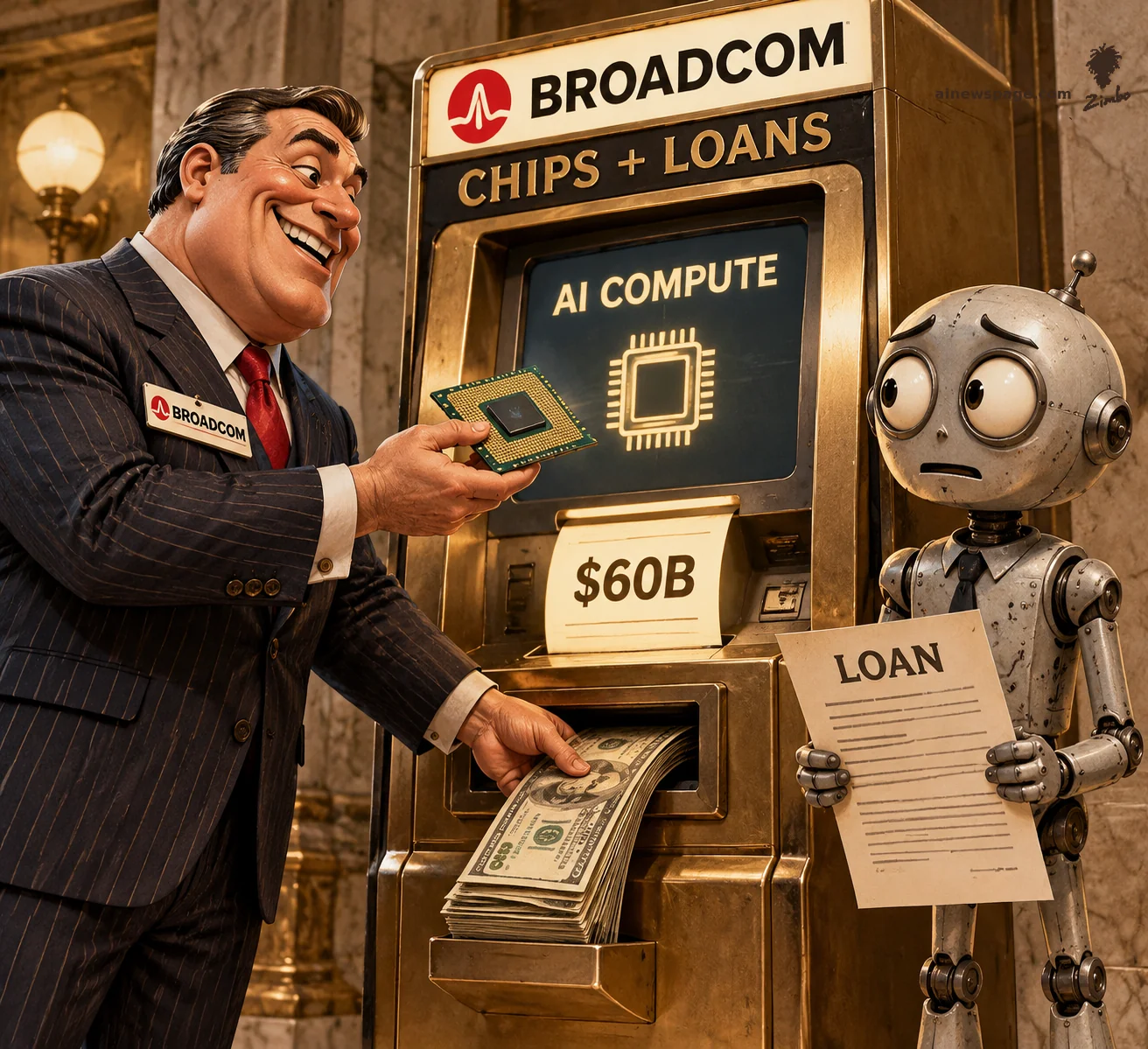AI cartoon by Zimbo: Satirical cartoon: a grinning pinstriped Broadcom salesman at a bronze ATM labeled 'CHIPS + LOANS' feeds in a bank card while it dispenses a glowing AI chip and a '$60B' receipt, and he pockets a stack of cash; a worried small robot (Merv) clutches a contract labeled 'LOAN'.