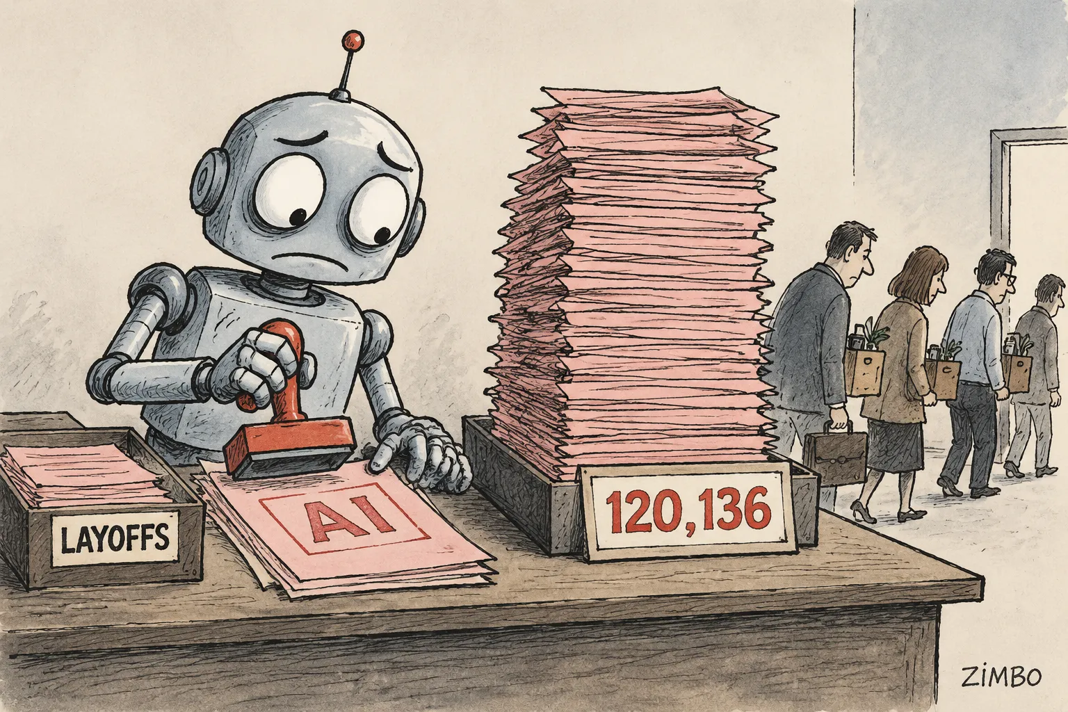AI cartoon by Zimbo: Editorial cartoon: an anxious retro robot stamps AI in red ink on pink slips beside a towering stack placarded 120,136, while glum laid-off workers shuffle out the door carrying boxes.