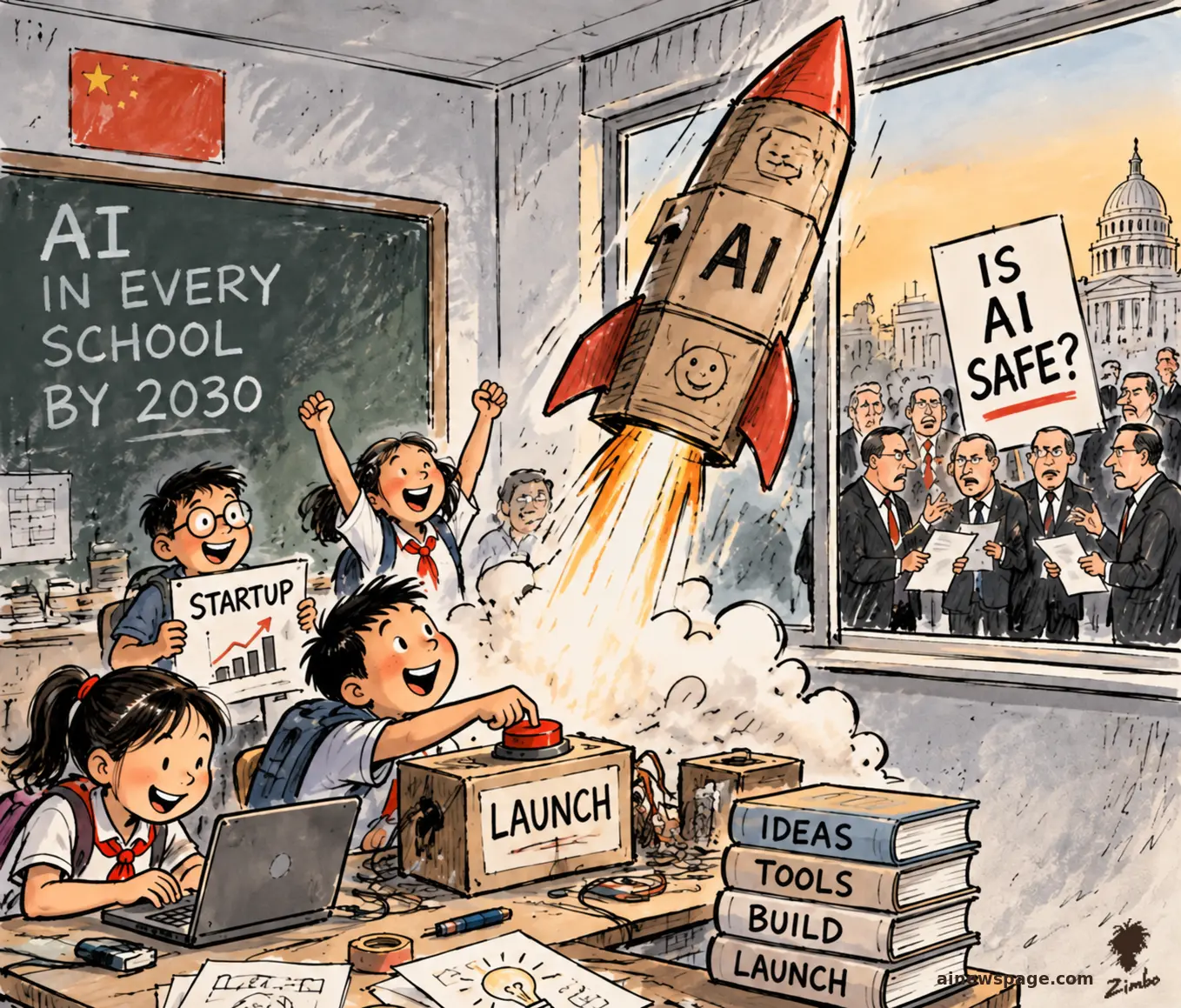 AI cartoon by Zimbo: Satirical cartoon: schoolchildren launch a cardboard AI rocket through their classroom ceiling toward a blackboard reading AI IN EVERY SCHOOL BY 2030, while suited adults outside the window debate an IS AI SAFE? placard beneath a Capitol dome.