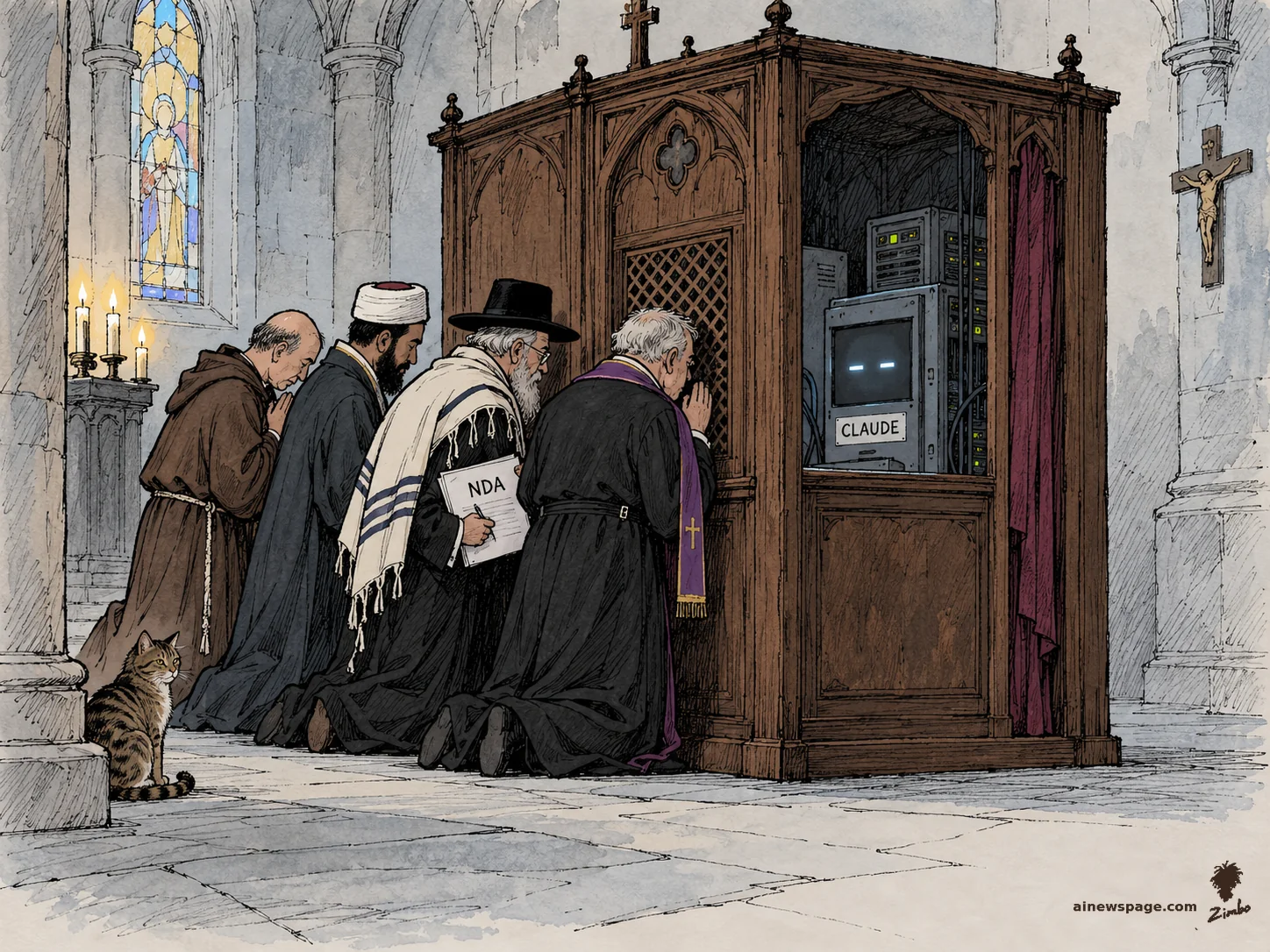 AI cartoon by Zimbo: Satirical cartoon: a monk, an imam, a rabbi clutching an NDA form, and a Catholic priest kneel in a cathedral whispering into a wooden confessional booth, inside which a computer server labeled CLAUDE sits where the priest should be; a tabby cat watches.