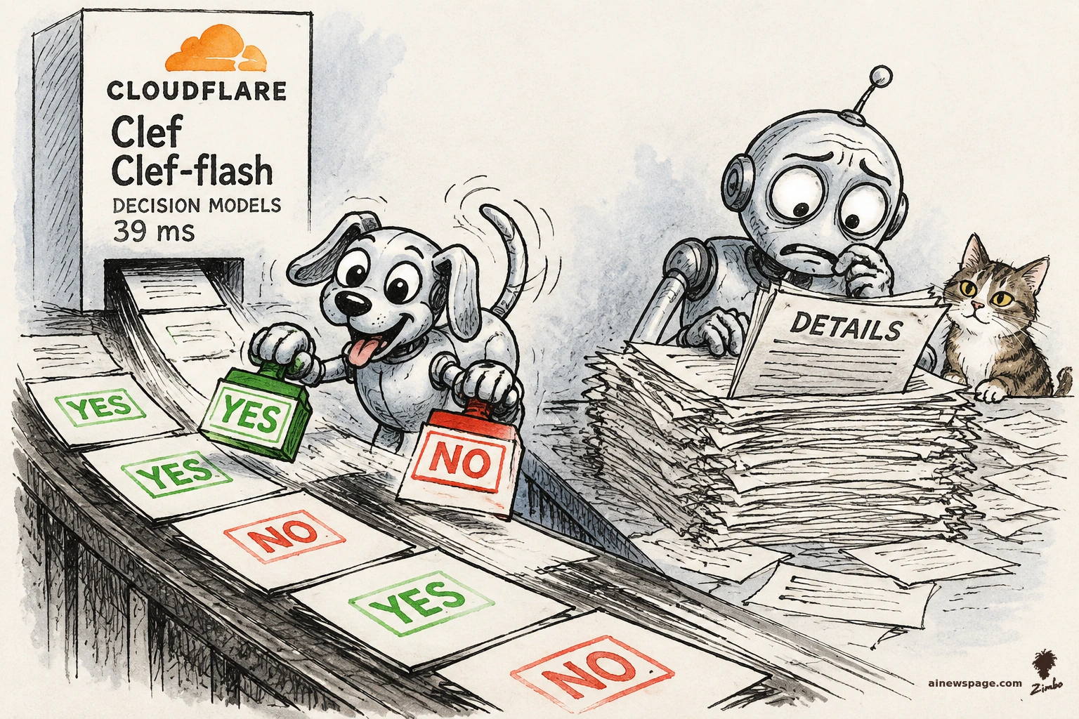 AI cartoon by Zimbo: Satirical cartoon: a CLOUDFLARE Clef decision machine spits blank papers onto a conveyor as Buddy the robot dog stamps YES/NO at lightning speed; Merv the anxious robot drowns behind a tower of papers reading one labeled DETAILS; Issue the tabby cat watches.