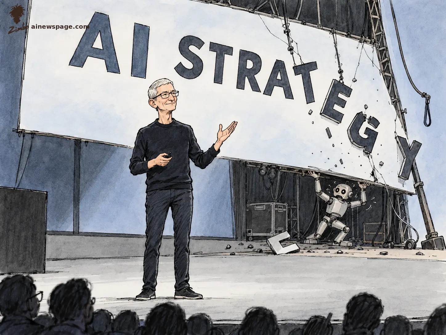 AI cartoon by Zimbo: Satirical cartoon: a serene keynote presenter smiles at the audience while the giant AI STRATEGY backdrop collapses behind him — letters sliding and falling off, debris on the floor, and a small robot backstage desperately holding the backdrop up.